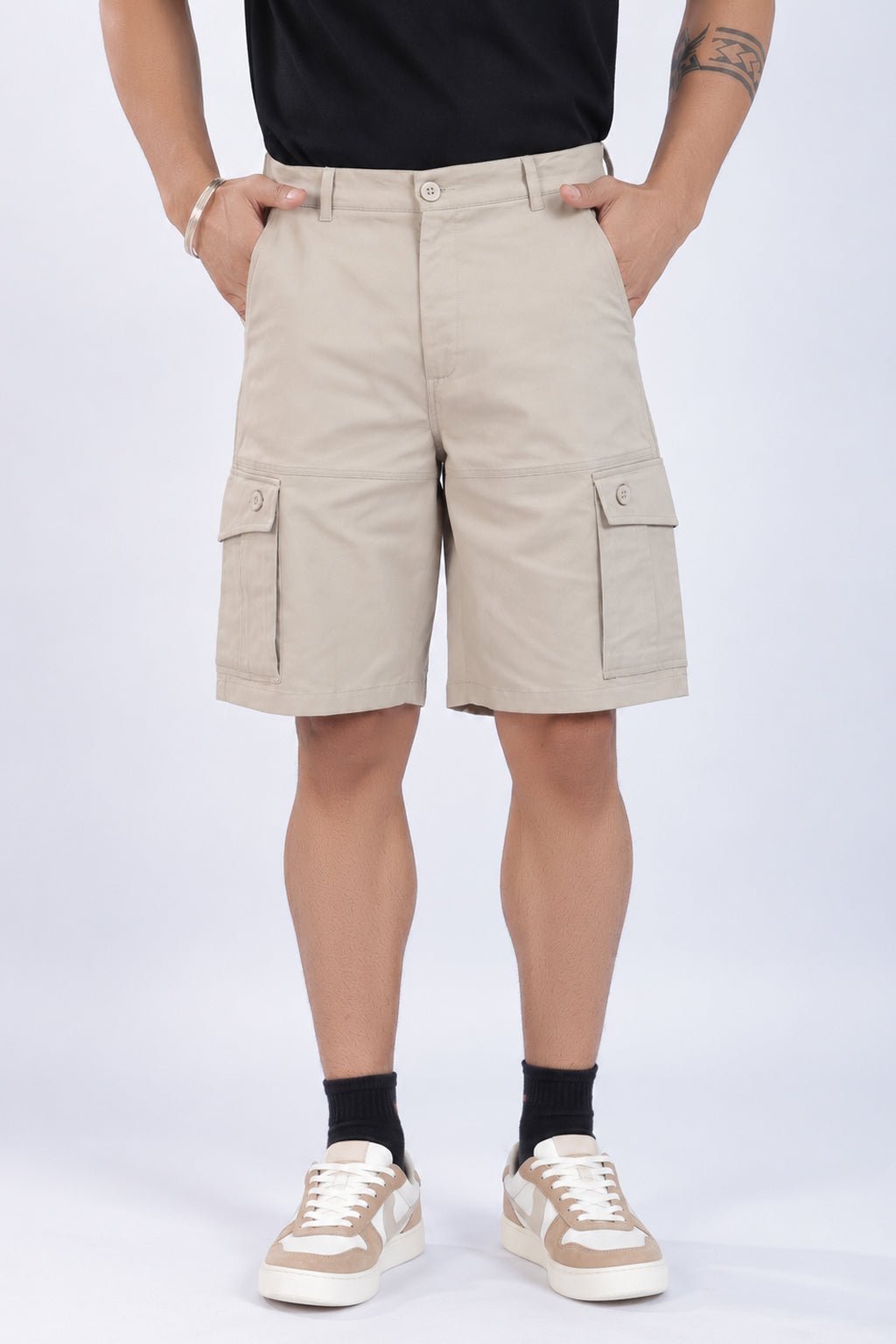 Sage green stretchable biowash HQ cotton travel shorts with superior elastic belt. -Travel shorts