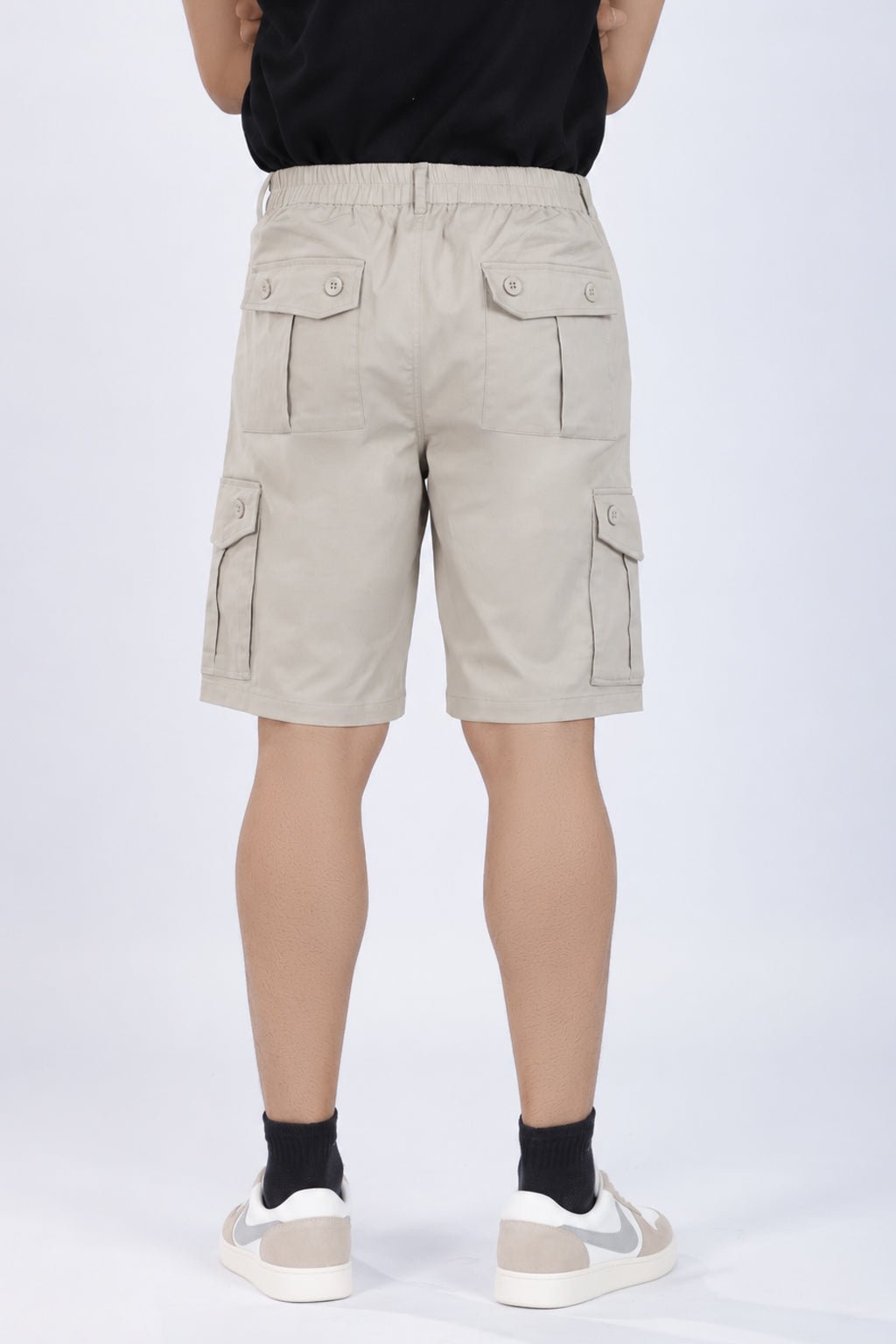 Sage green stretchable biowash HQ cotton travel shorts with superior elastic belt. -Travel shorts