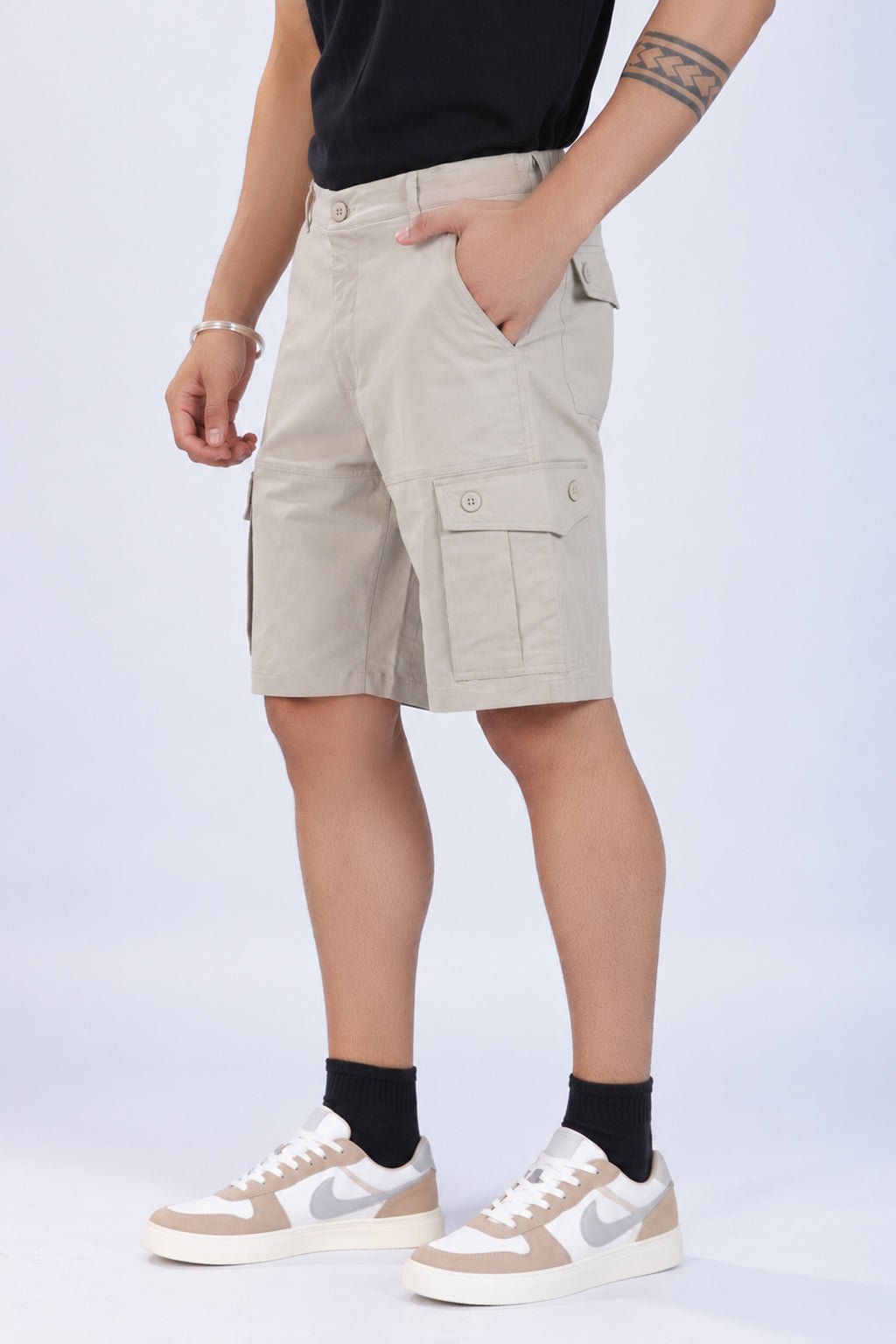 Sage green stretchable biowash HQ cotton travel shorts with superior elastic belt. -Travel shorts