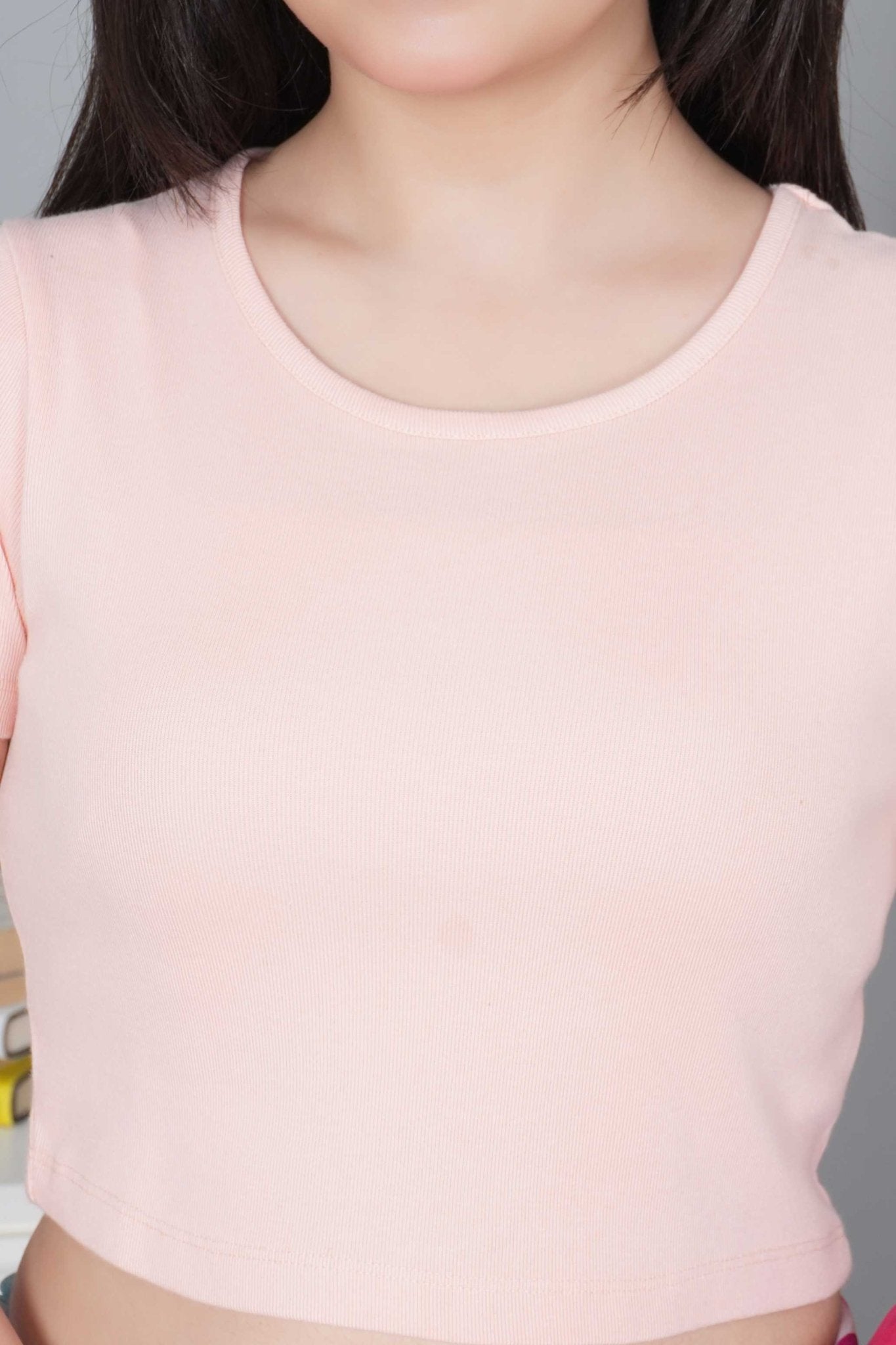 Salmon pink Rib Crop Tshirt Blouse [ 100% USA HQ Cotton, 280 GSM non transparent fabric ] - Rib crop tshirt blouse
