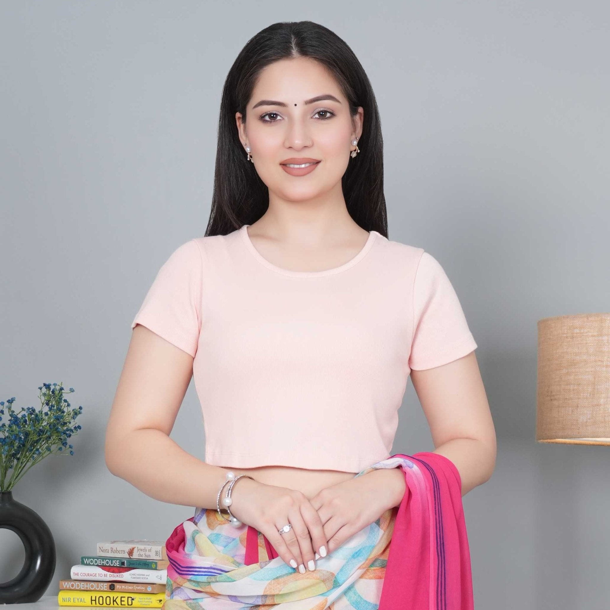 Salmon pink Rib Crop Tshirt Blouse [ 100% USA HQ Cotton, 280 GSM non transparent fabric ] - Rib crop tshirt blouse