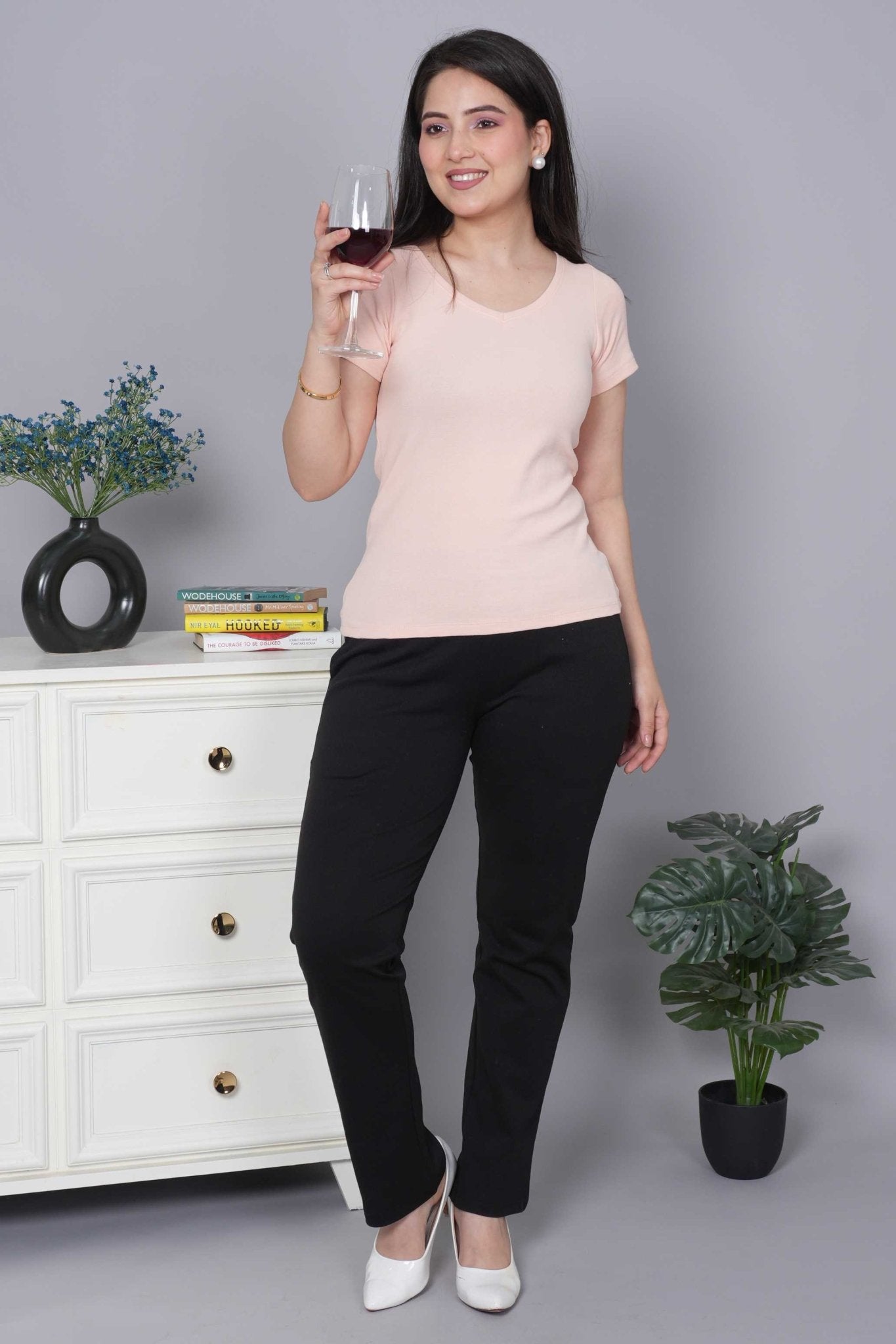 Salmon Pink Stretchable V Neck Rib T Shirt [ 100% USA HQ Cotton, 280 GSM non transparent fabric ] - Rib v neck t shirt