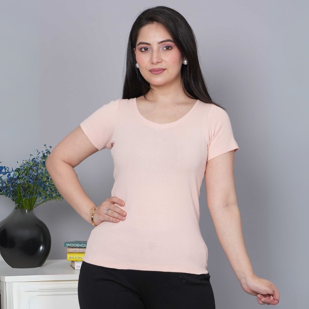 Salmon Pink Stretchable V Neck Rib T Shirt [ 100% USA HQ Cotton, 280 GSM non transparent fabric ] - Rib v neck t shirt