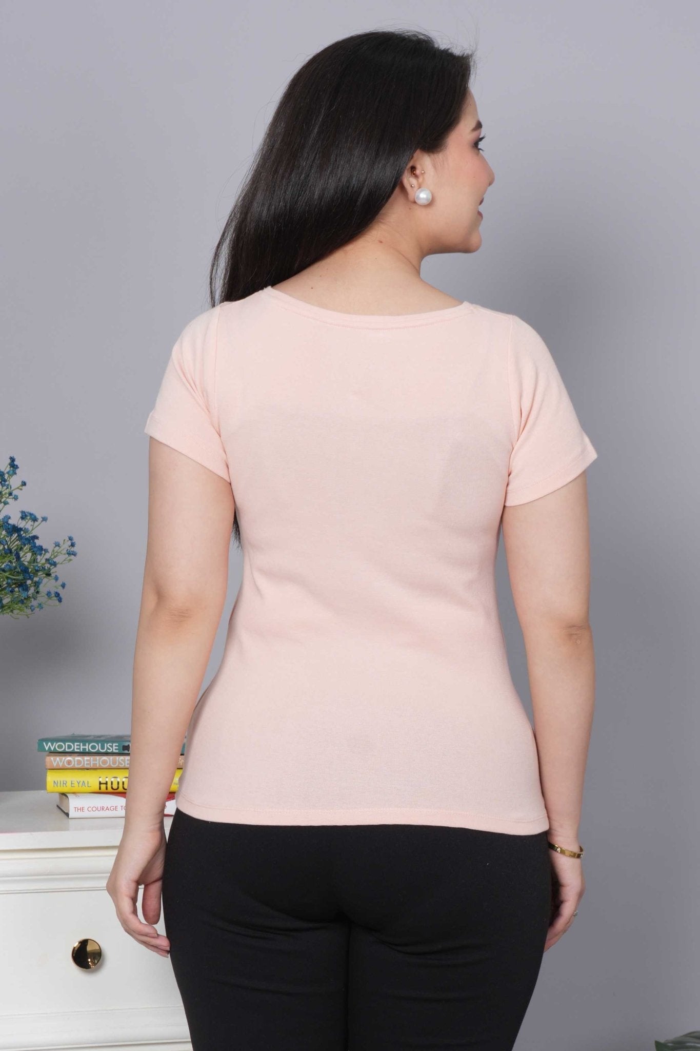 Salmon Pink Stretchable V Neck Rib T Shirt [ 100% USA HQ Cotton, 280 GSM non transparent fabric ] - Rib v neck t shirt