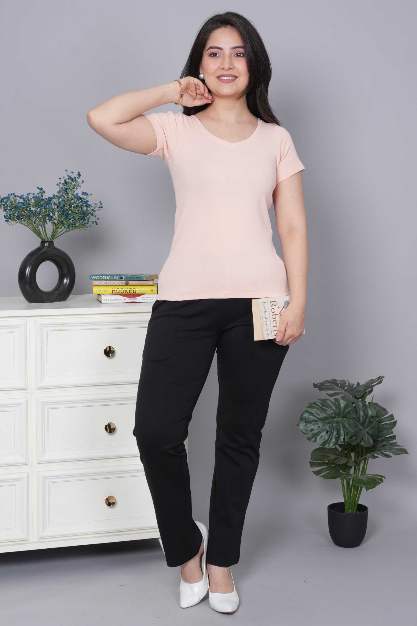 Salmon Pink Stretchable V Neck Rib T Shirt [ 100% USA HQ Cotton, 280 GSM non transparent fabric ] - Rib v neck t shirt