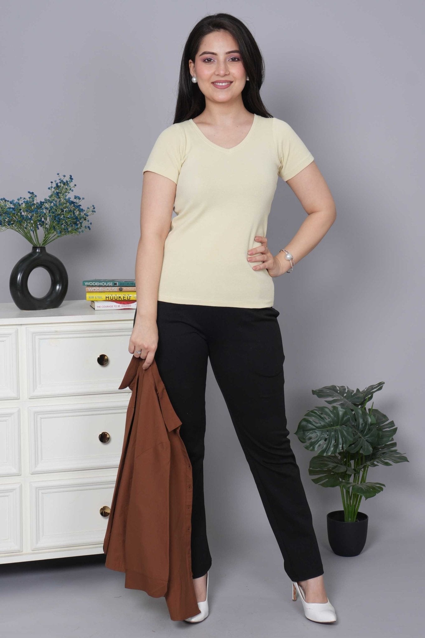 Sand Stretchable V Neck Rib T Shirt [ 100% USA HQ Cotton, 280 GSM non transparent fabric ] - Rib v neck t shirt