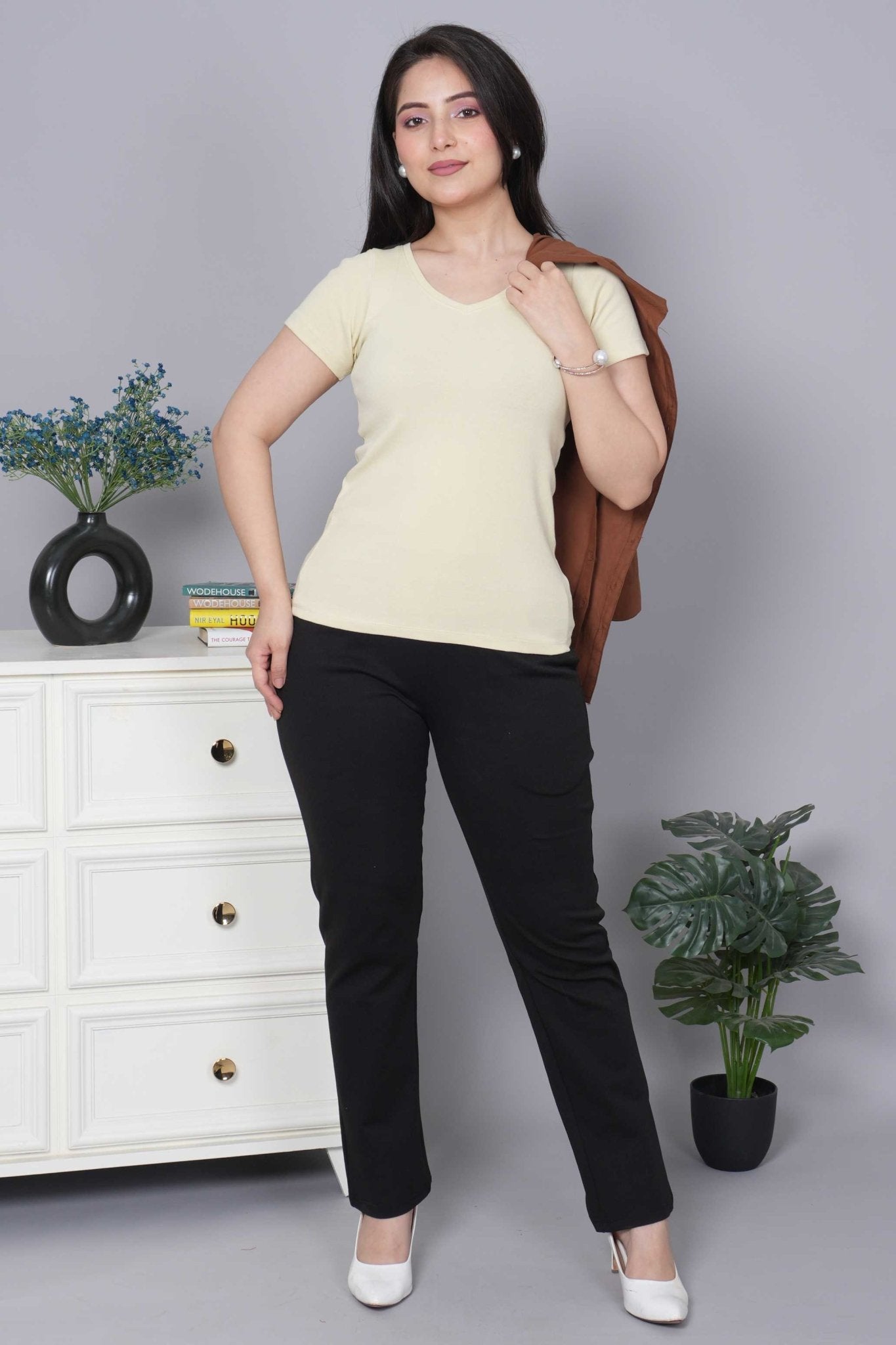 Sand Stretchable V Neck Rib T Shirt [ 100% USA HQ Cotton, 280 GSM non transparent fabric ] - Rib v neck t shirt