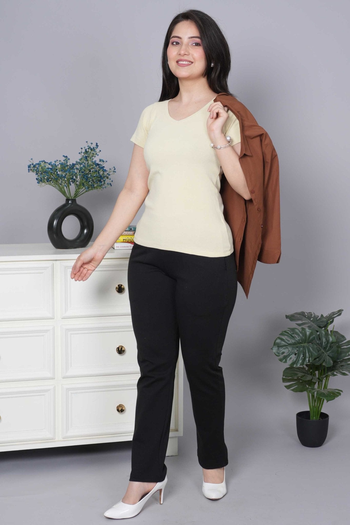Sand Stretchable V Neck Rib T Shirt [ 100% USA HQ Cotton, 280 GSM non transparent fabric ] - Rib v neck t shirt