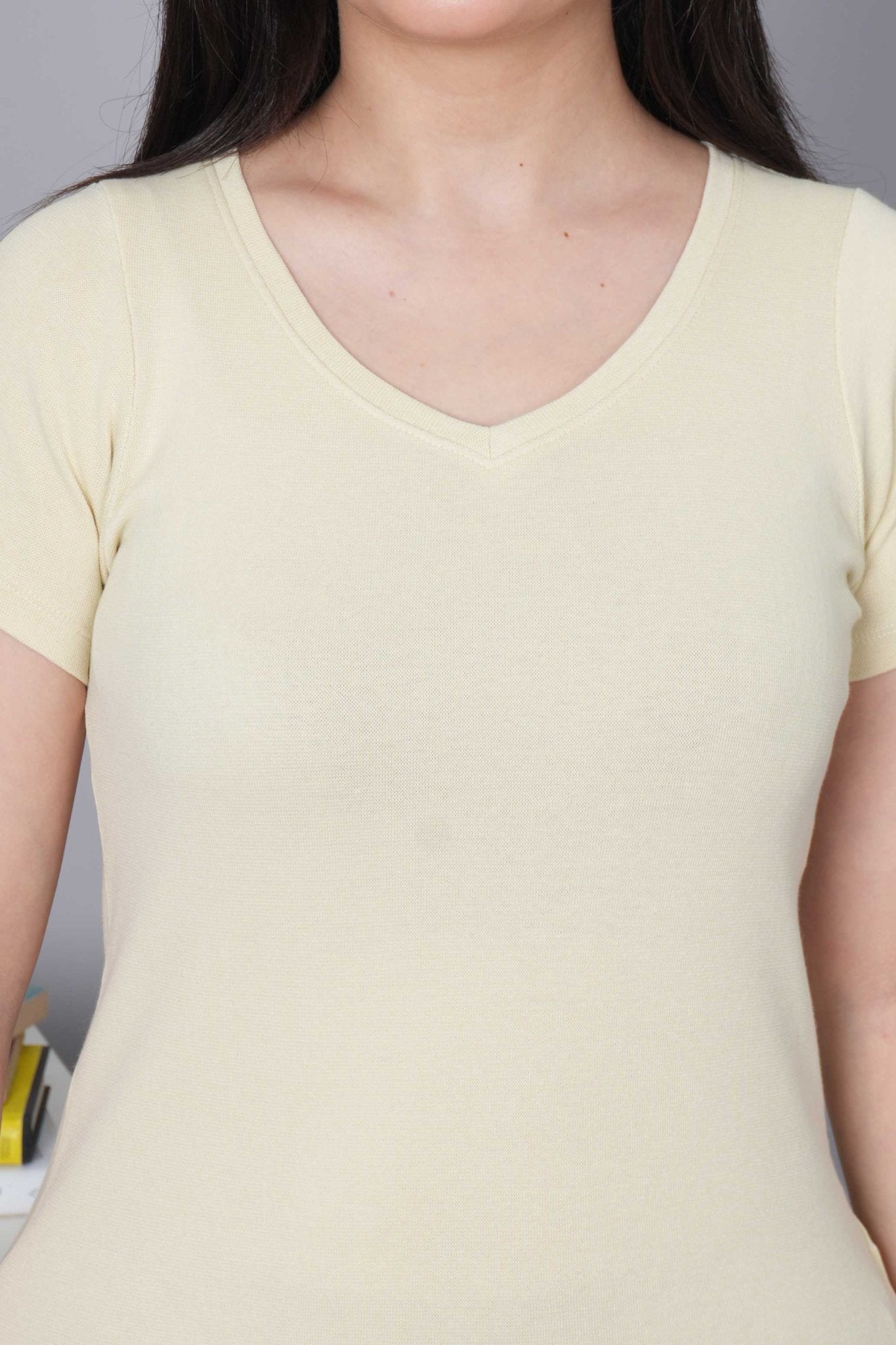 Sand Stretchable V Neck Rib T Shirt [ 100% USA HQ Cotton, 280 GSM non transparent fabric ] - Rib v neck t shirt