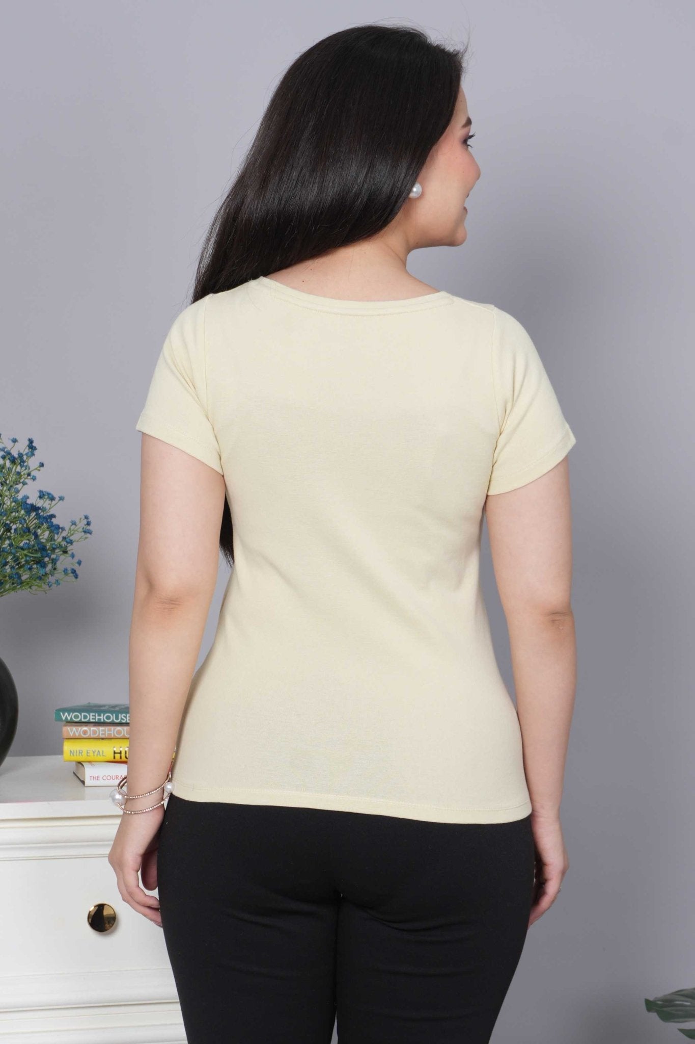 Sand Stretchable V Neck Rib T Shirt [ 100% USA HQ Cotton, 280 GSM non transparent fabric ] - Rib v neck t shirt