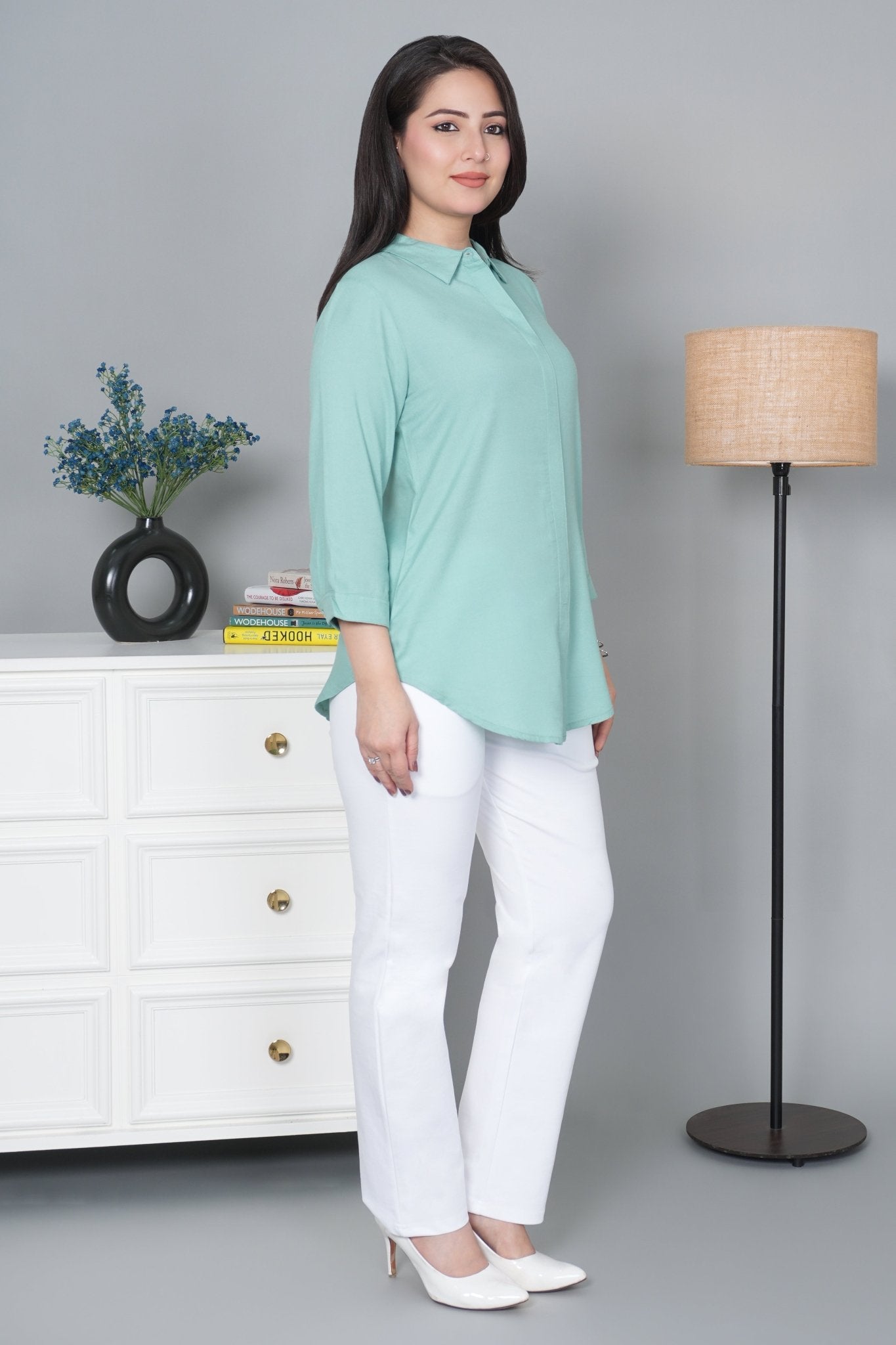 Sea green long hemline shirt [ 100% Rayon, Liva Certified ] - Long hemline shirt