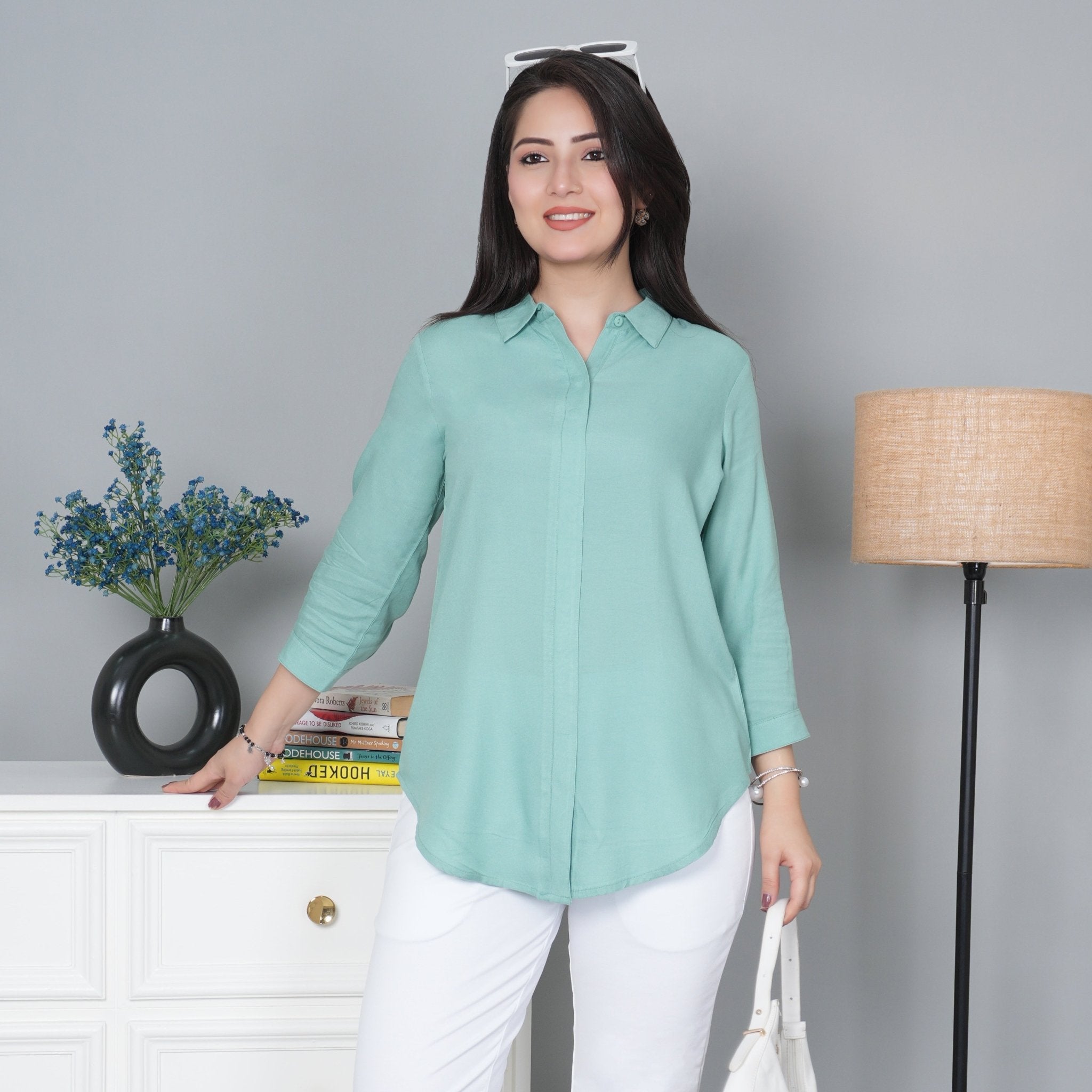 Sea green long hemline shirt [ 100% Rayon, Liva Certified ] - Long hemline shirt