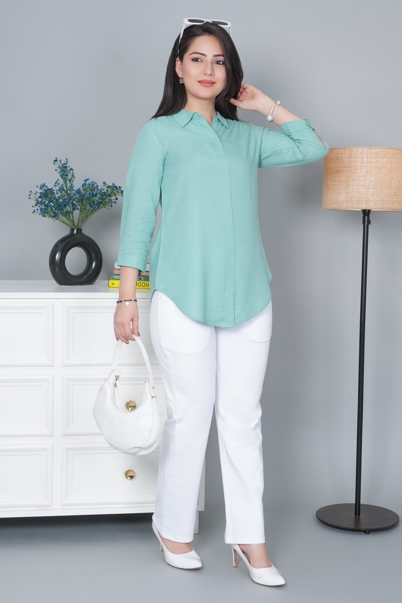 Sea green long hemline shirt [ 100% Rayon, Liva Certified ] - Long hemline shirt