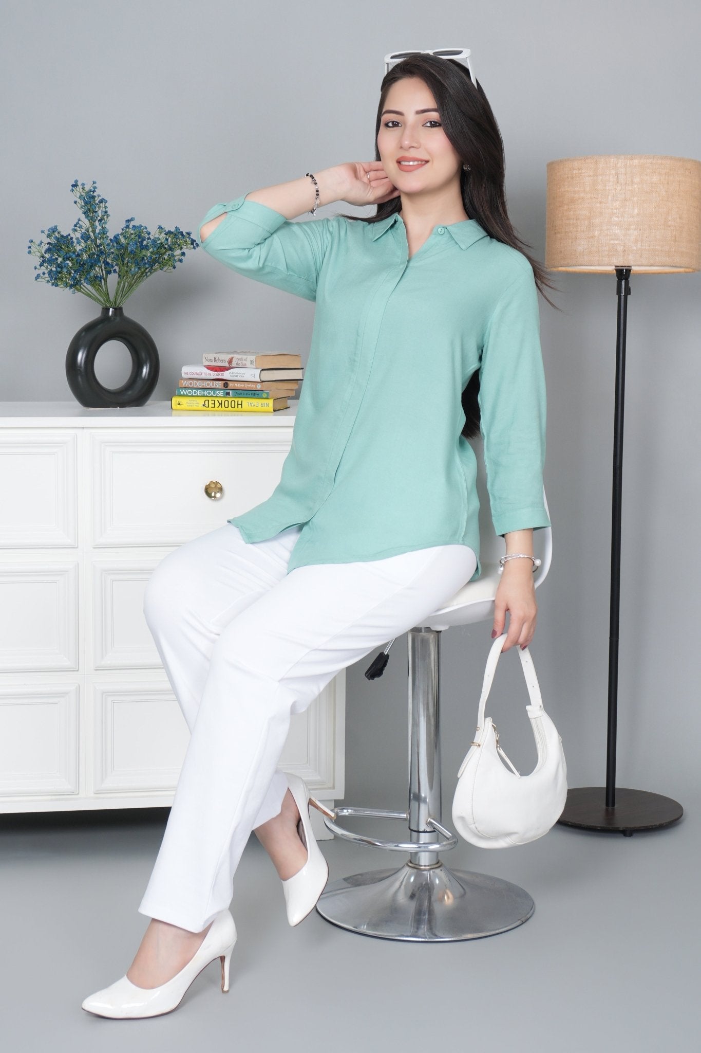 Sea green long hemline shirt [ 100% Rayon, Liva Certified ] - Long hemline shirt