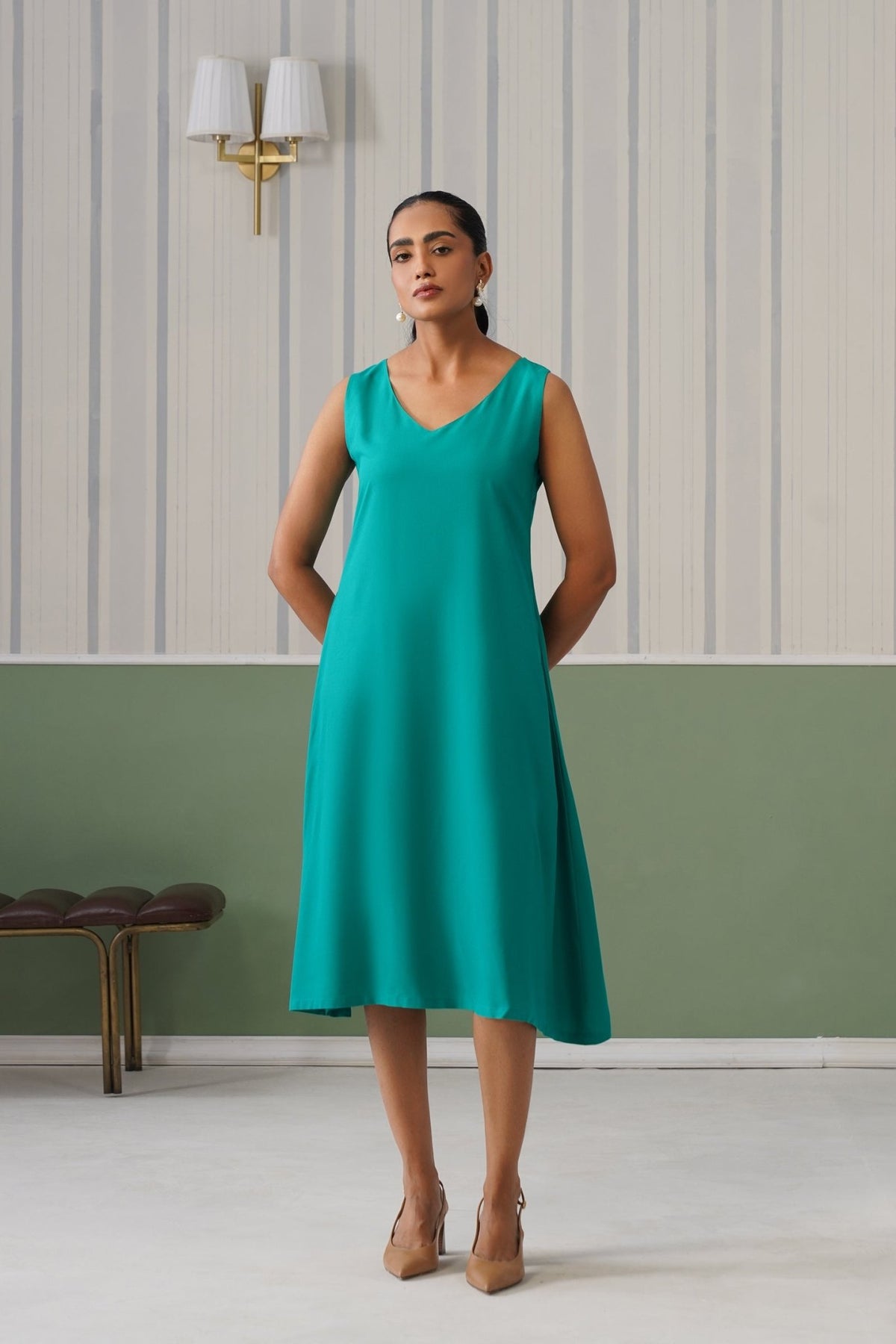 Sea Green rayon line dress with pocket [ Premium 100% Rayon, Liva Certified ] -Rayon line dress with pocket