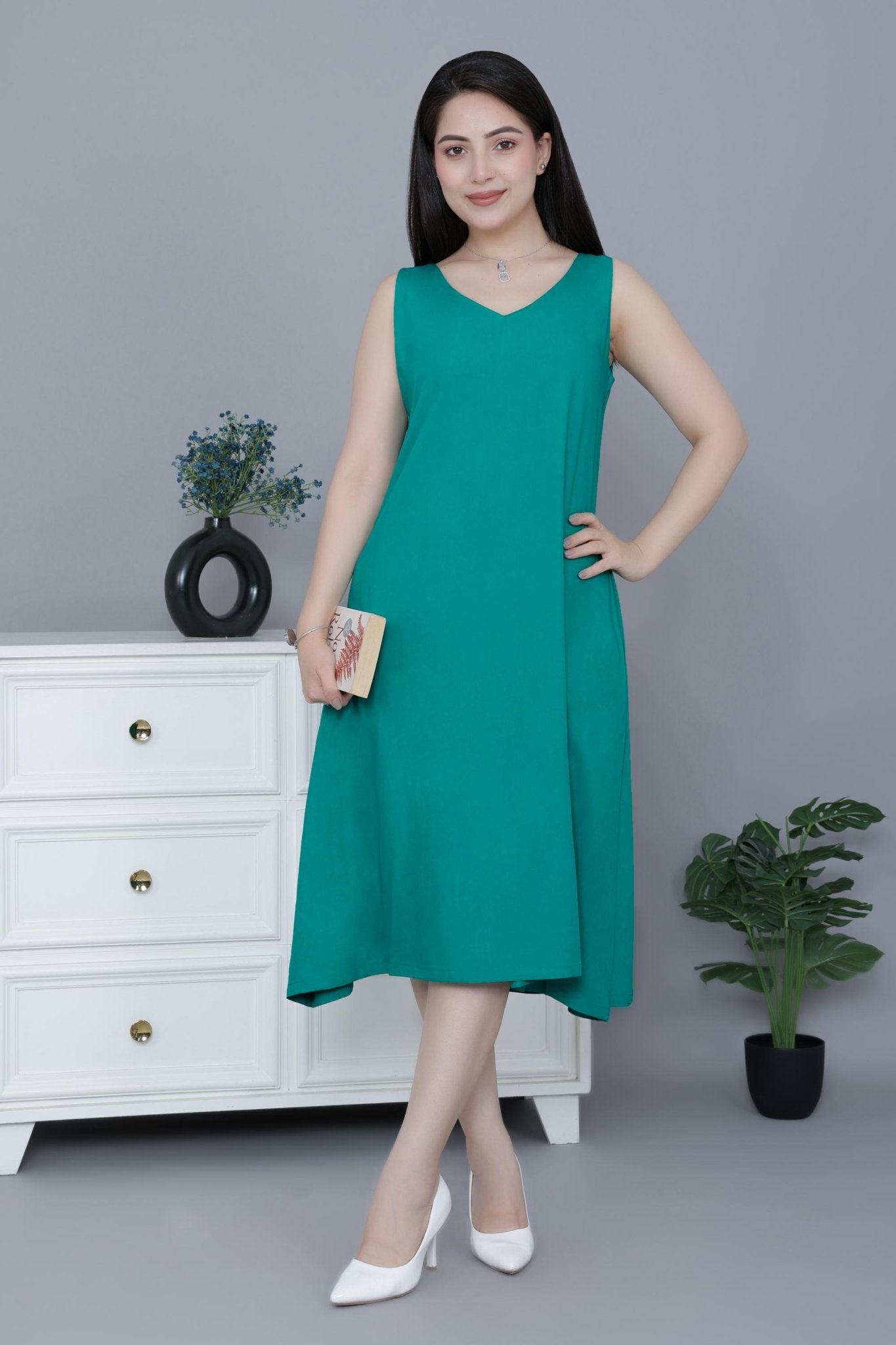 Sea Green rayon line dress with pocket [ Premium 100% Rayon, Liva Certified ] - Rayon line dress with pocket