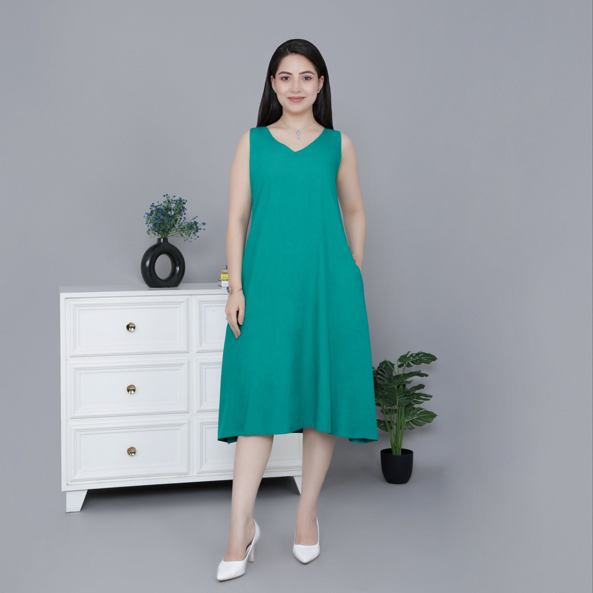 Sea Green rayon line dress with pocket [ Premium 100% Rayon, Liva Certified ] - Rayon line dress with pocket