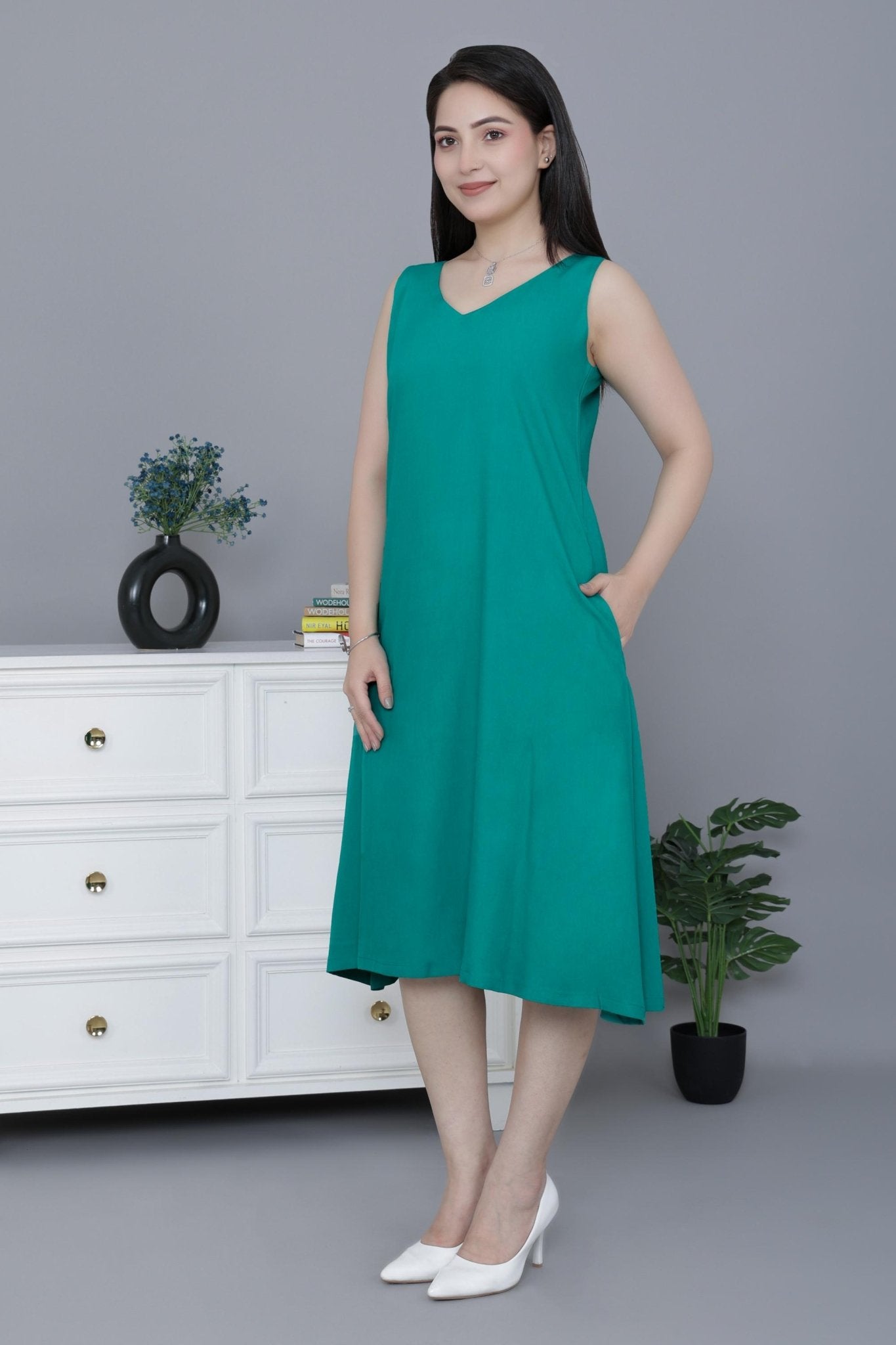 Sea Green rayon line dress with pocket [ Premium 100% Rayon, Liva Certified ] - Rayon line dress with pocket