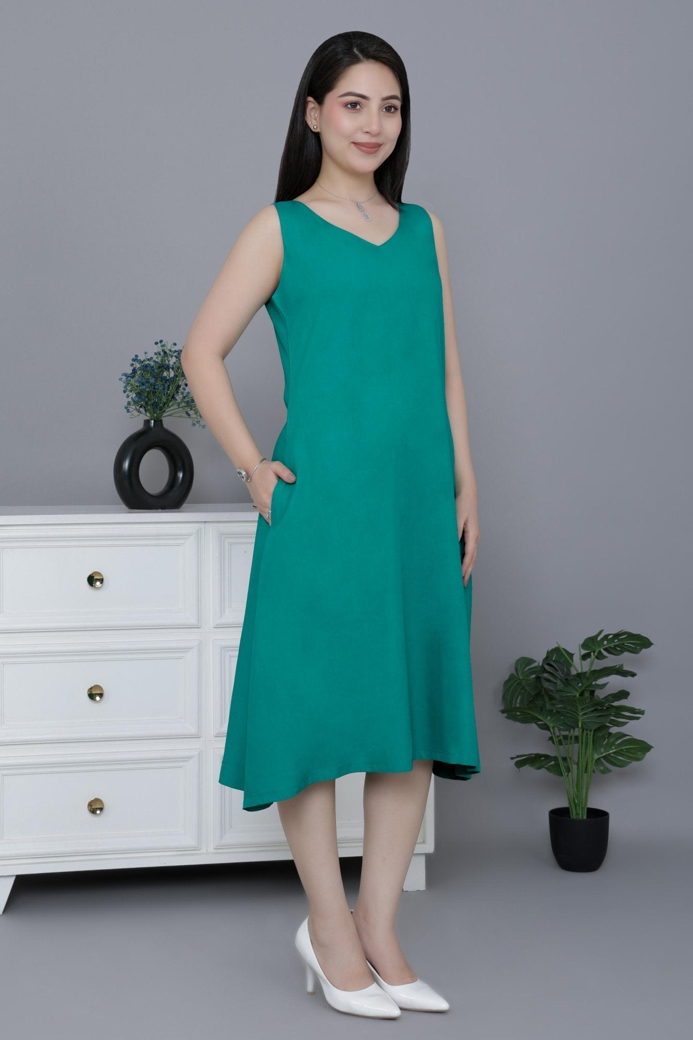 Sea Green rayon line dress with pocket [ Premium 100% Rayon, Liva Certified ] - Rayon line dress with pocket