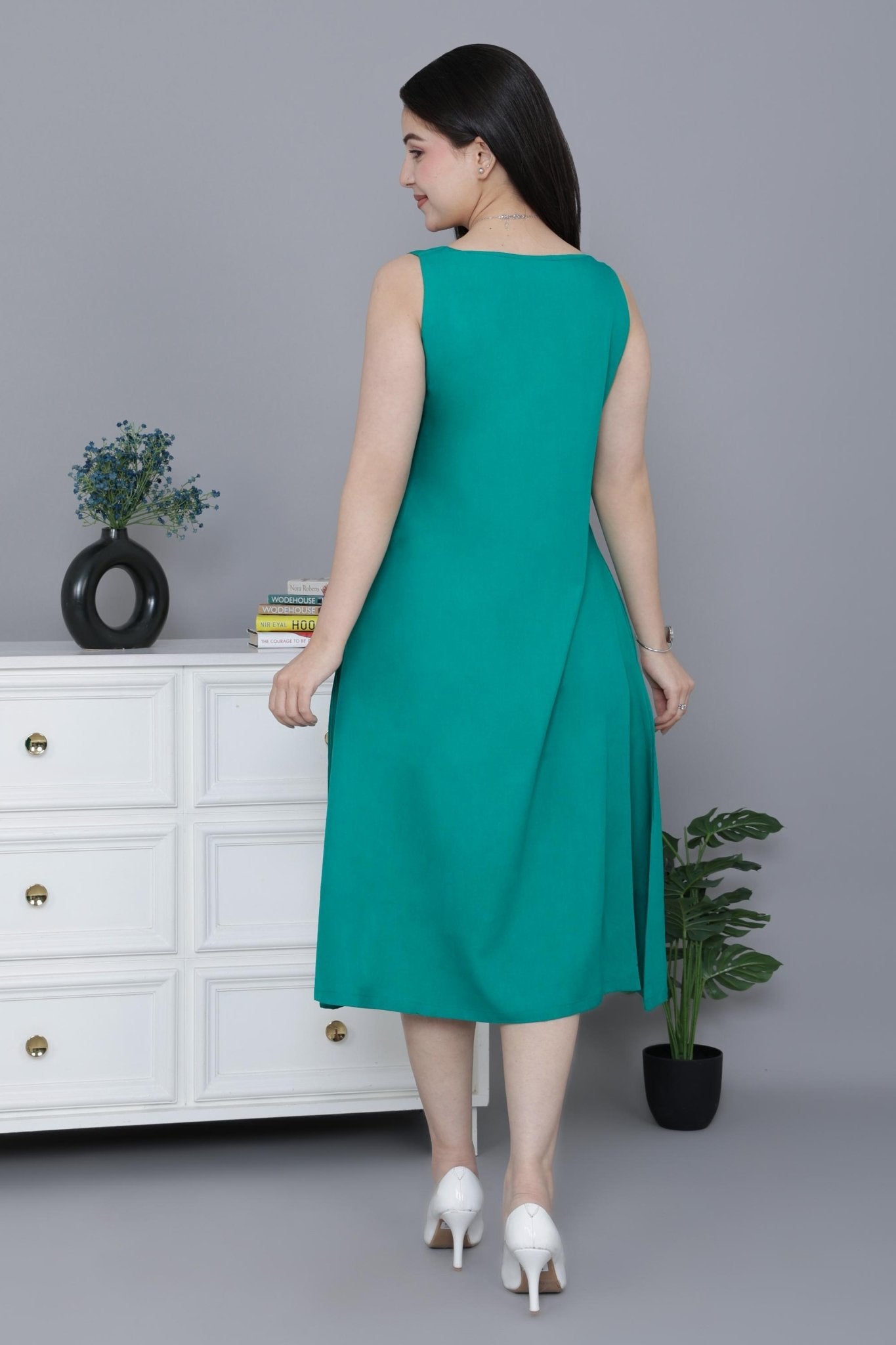Sea Green rayon line dress with pocket [ Premium 100% Rayon, Liva Certified ] - Rayon line dress with pocket