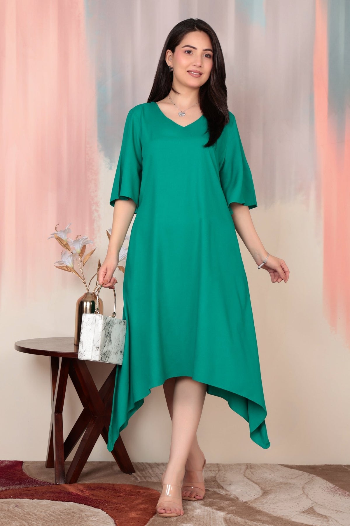 Sea green v-neck line dress with sleeves [ Premium 100% Rayon, Liva Certified ] -Rayon flare dress with pocket