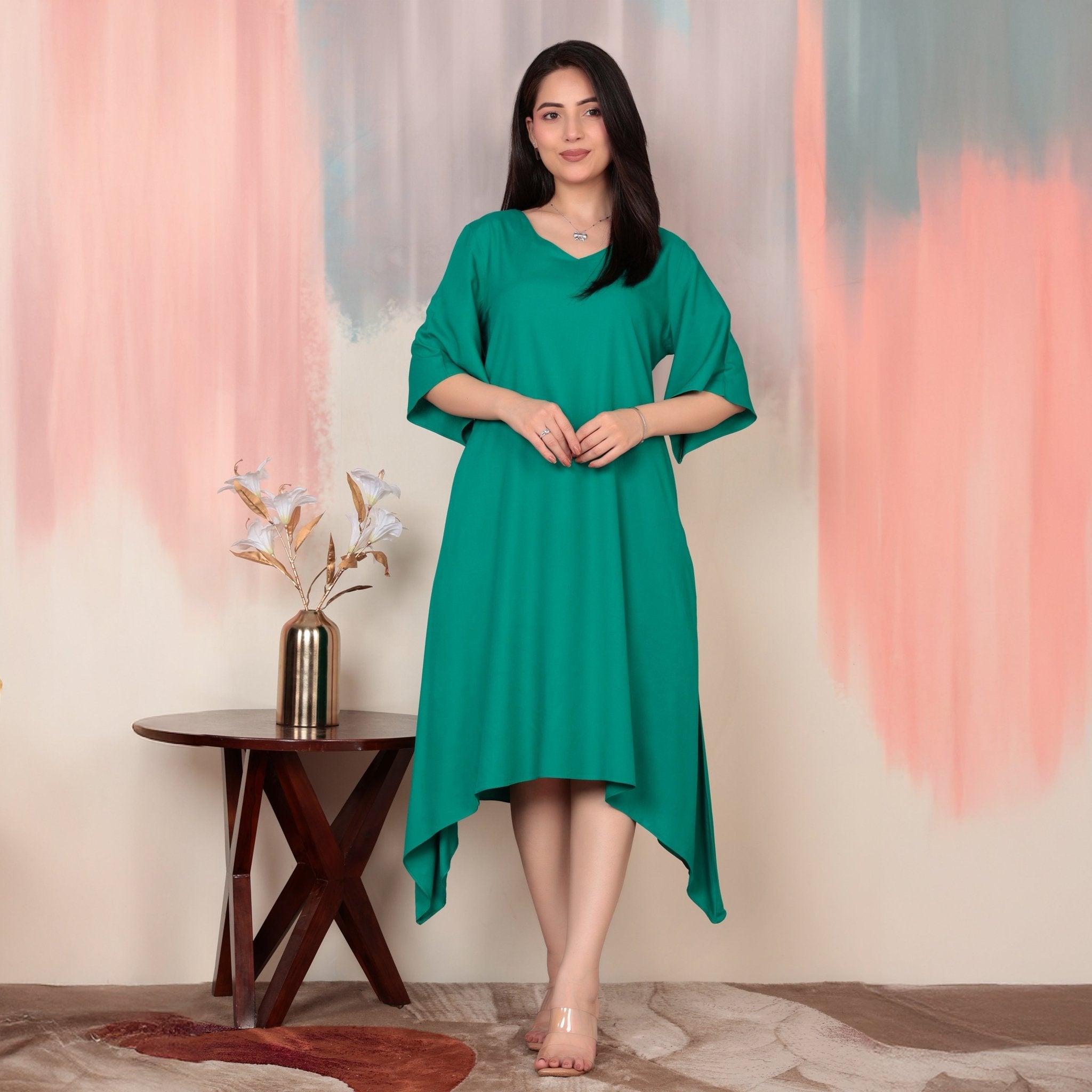 Sea green v-neck line dress with sleeves [ Premium 100% Rayon, Liva Certified ] -Rayon flare dress with pocket