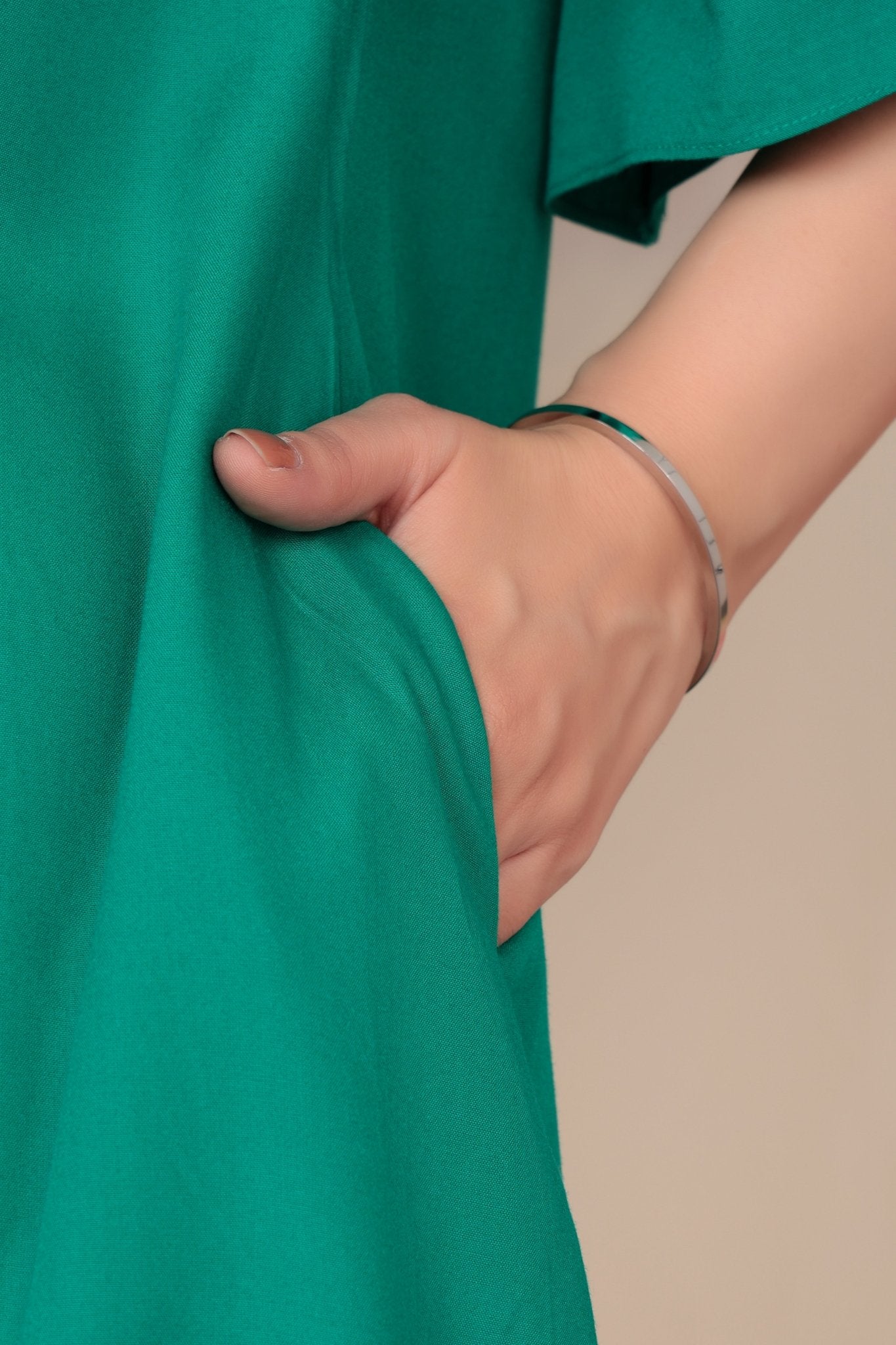 Sea green v-neck line dress with sleeves [ Premium 100% Rayon, Liva Certified ] -Rayon flare dress with pocket