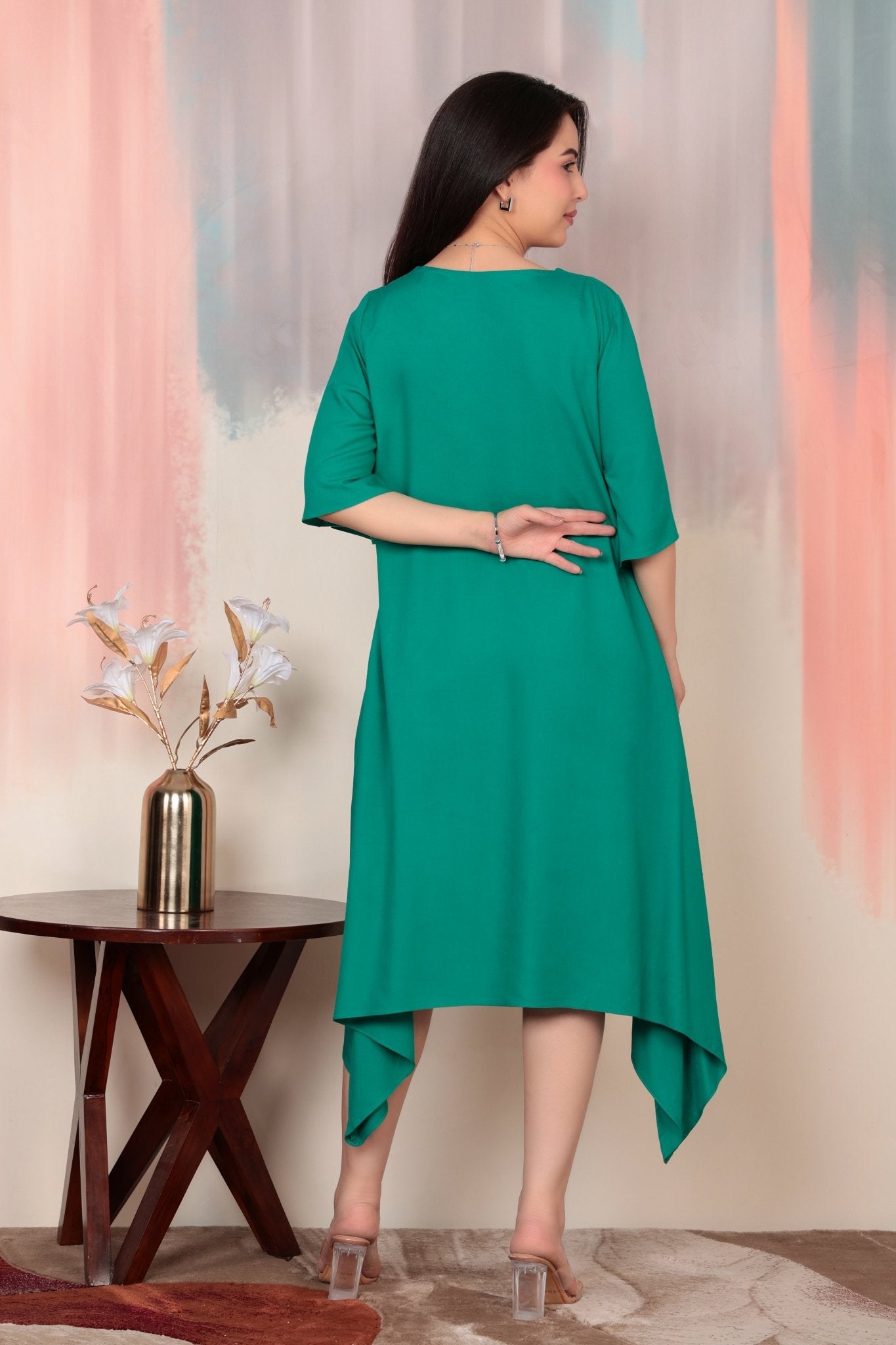 Sea green v-neck line dress with sleeves [ Premium 100% Rayon, Liva Certified ] -Rayon flare dress with pocket