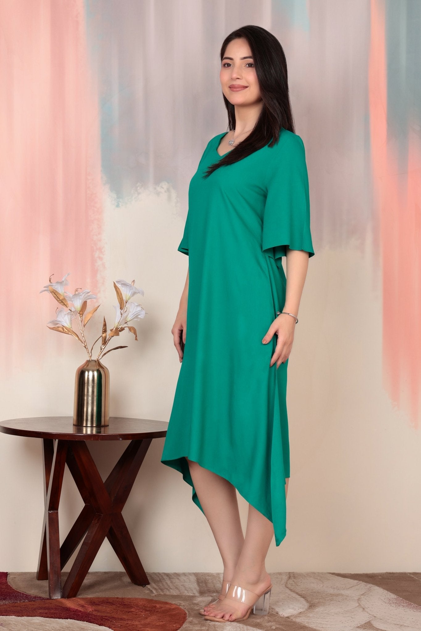 Sea green v-neck line dress with sleeves [ Premium 100% Rayon, Liva Certified ] -Rayon flare dress with pocket