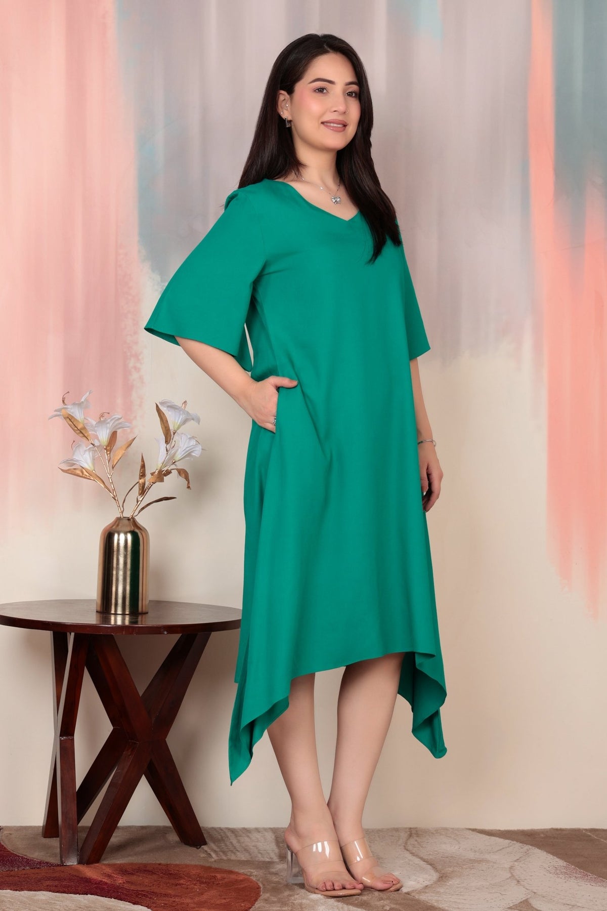 Sea green v-neck line dress with sleeves [ Premium 100% Rayon, Liva Certified ] -Rayon flare dress with pocket