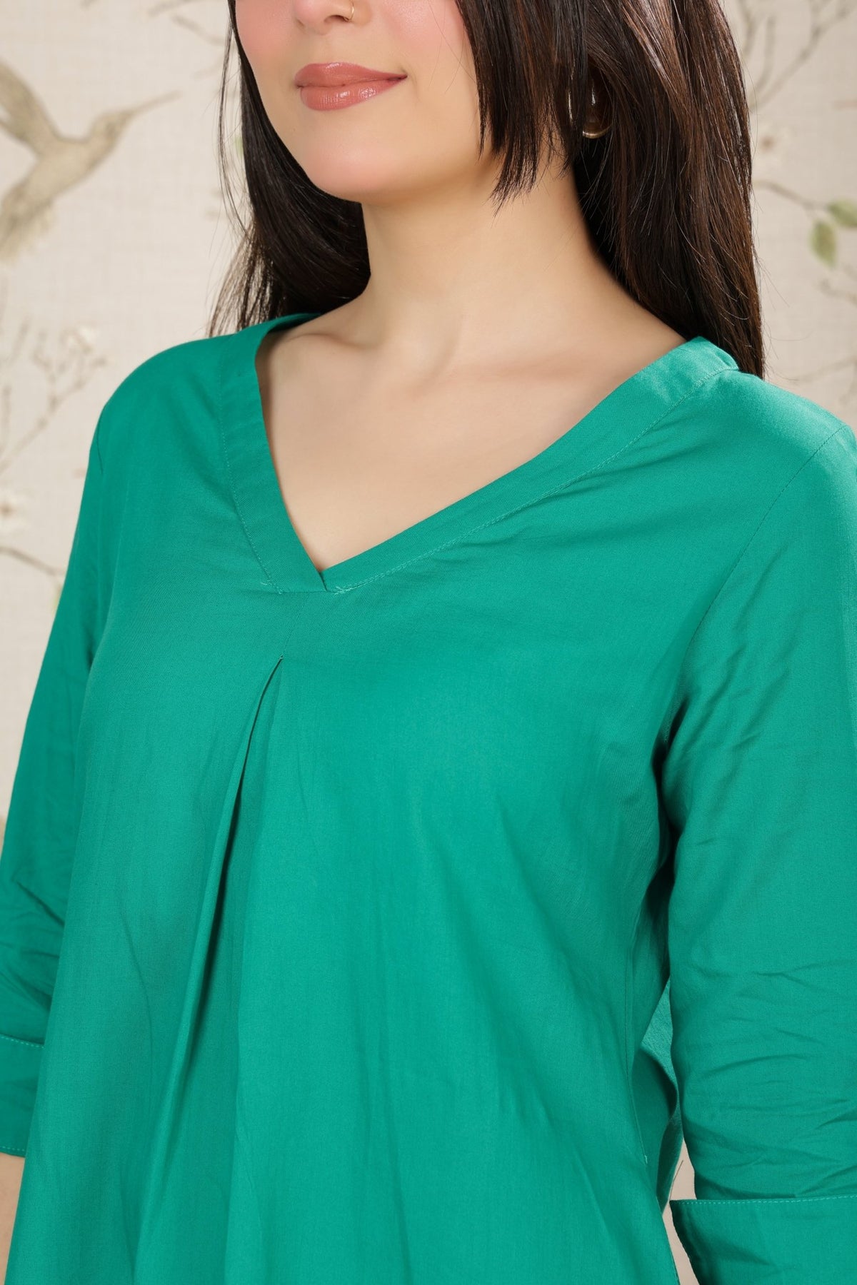 Sea green v-neck pleated dress with sleeves [100% pure cotton] -Cotton midi dress