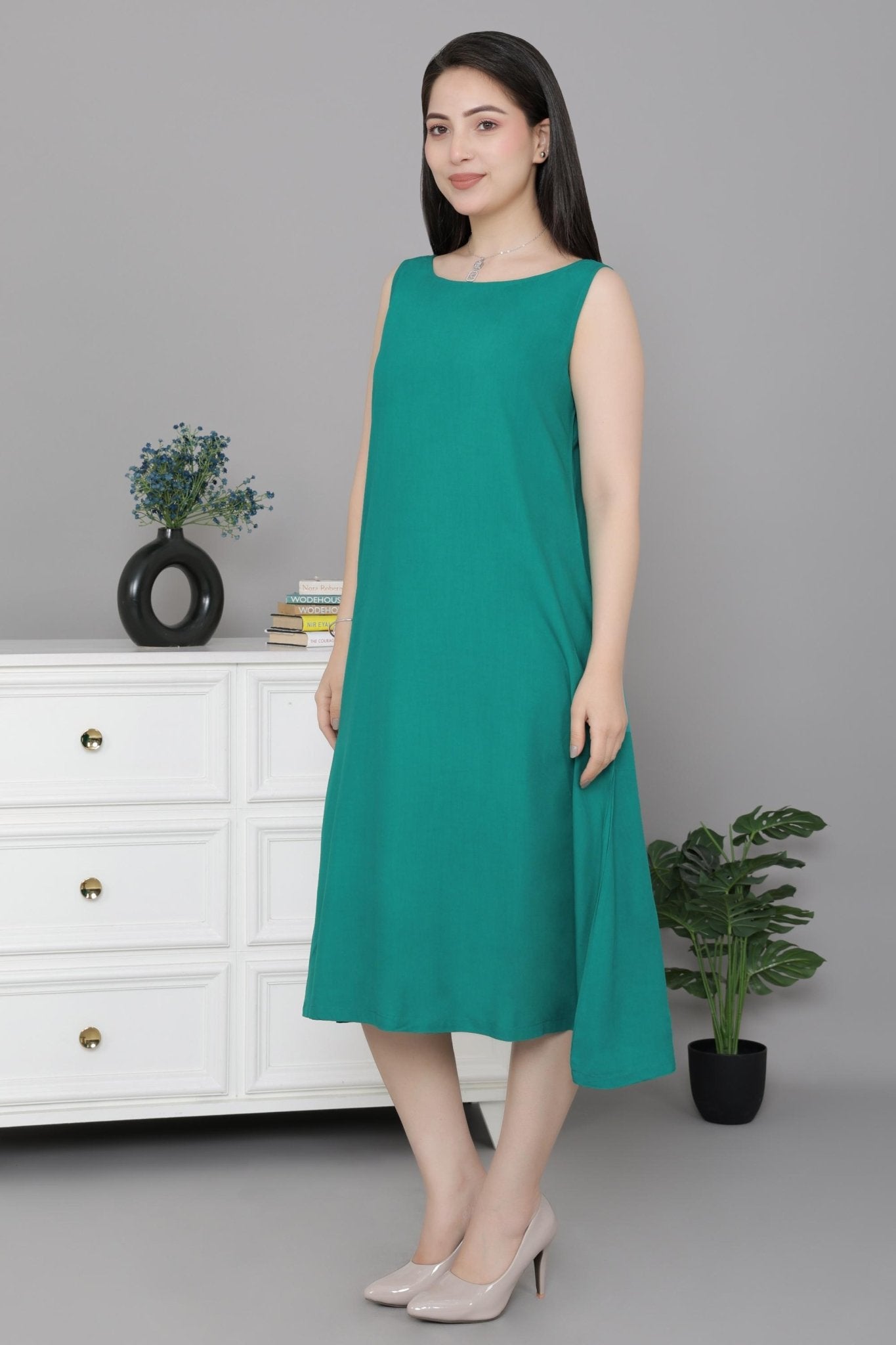 Seagreen rayon flare dress with pocket [ Premium 100% Rayon, Liva Certified ] -Rayon flare dress with pocket