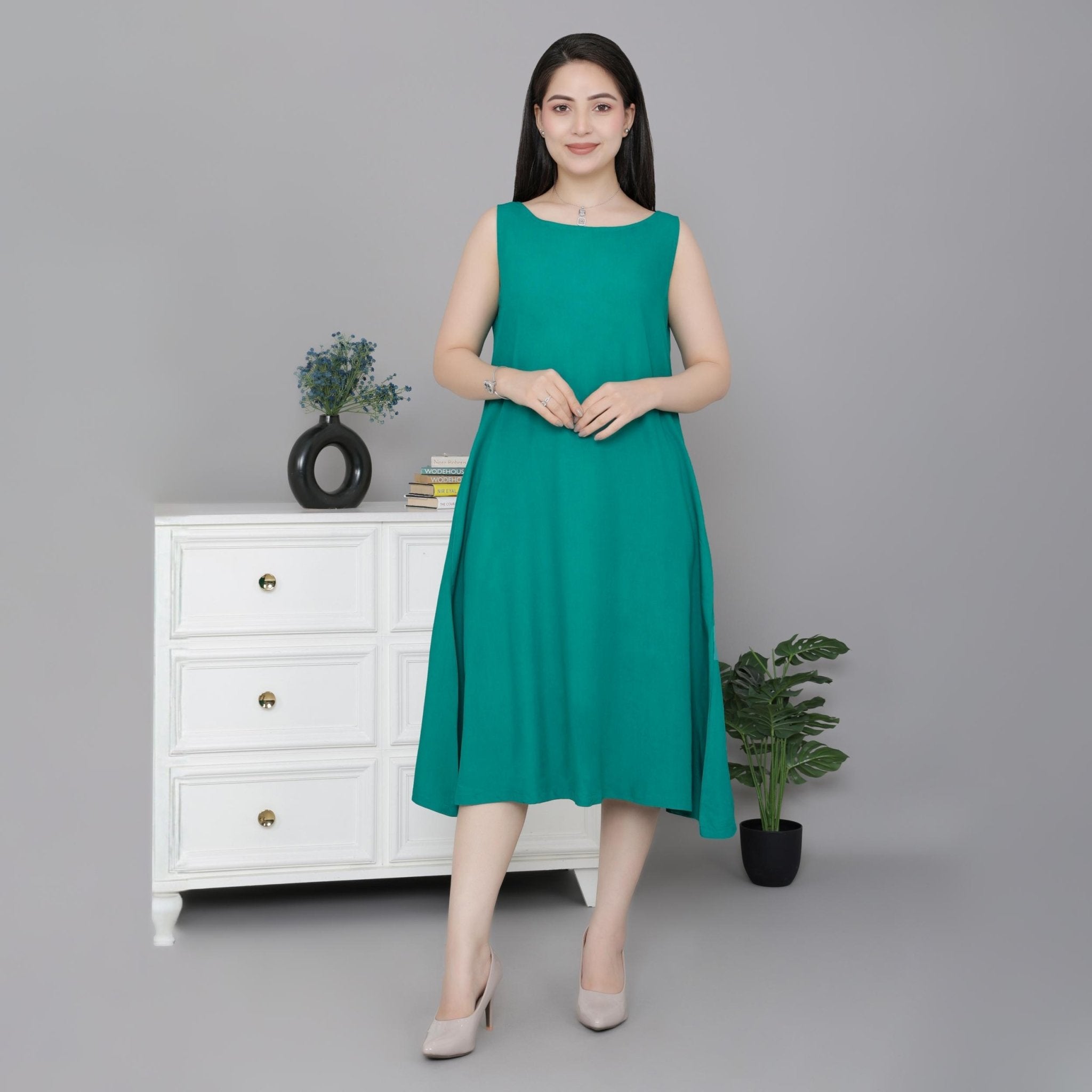 Seagreen rayon flare dress with pocket [ Premium 100% Rayon, Liva Certified ] -Rayon flare dress with pocket