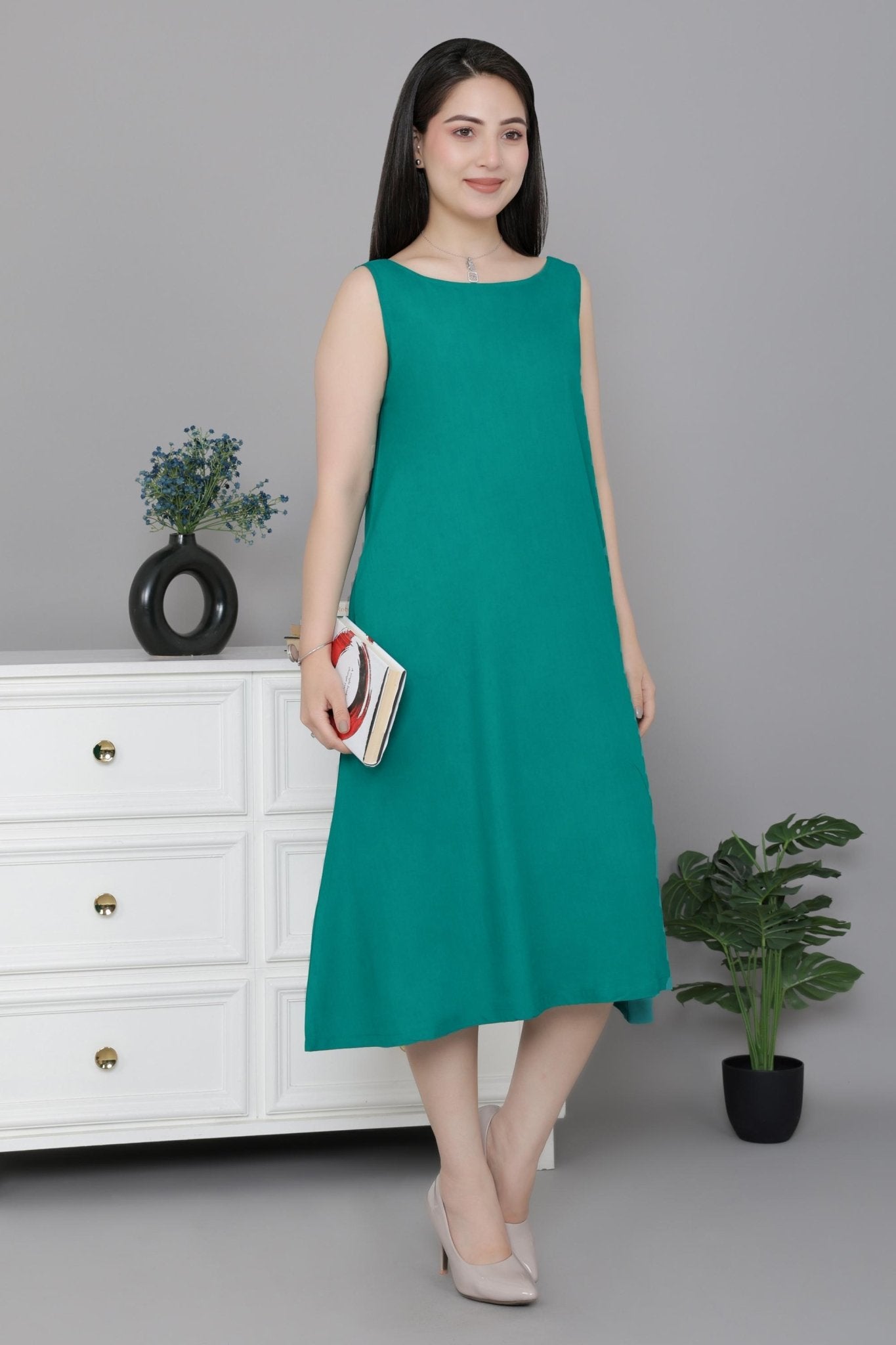 Seagreen rayon flare dress with pocket [ Premium 100% Rayon, Liva Certified ] -Rayon flare dress with pocket