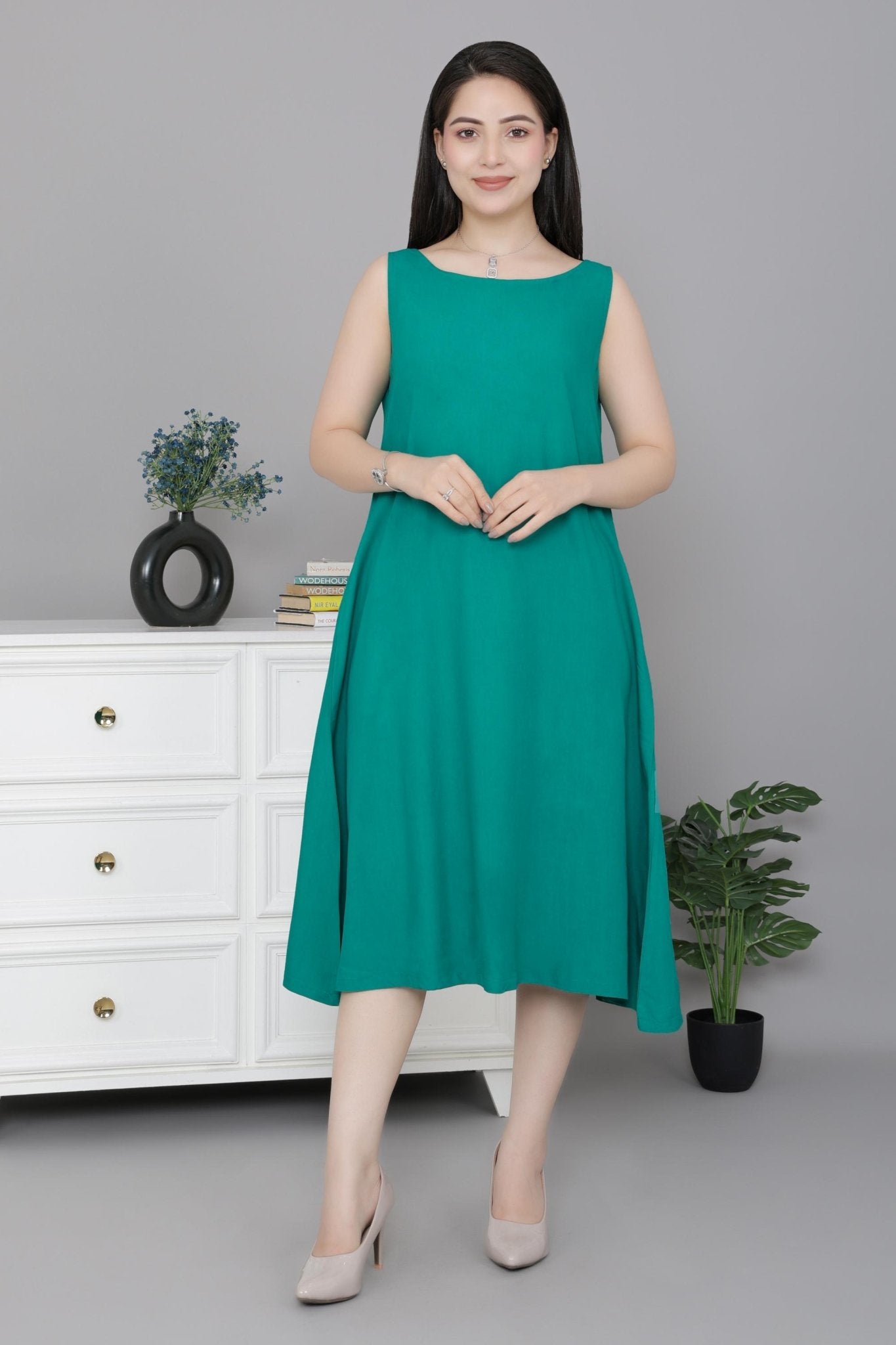 Seagreen rayon flare dress with pocket [ Premium 100% Rayon, Liva Certified ] -Rayon flare dress with pocket
