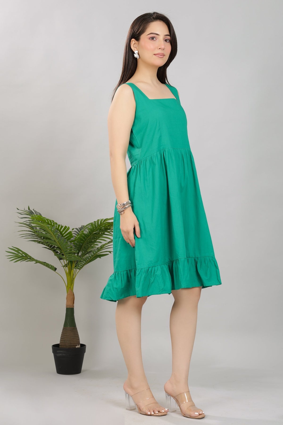 Seagreen square neck strap dress [100% pure cotton] -Cotton midi dress