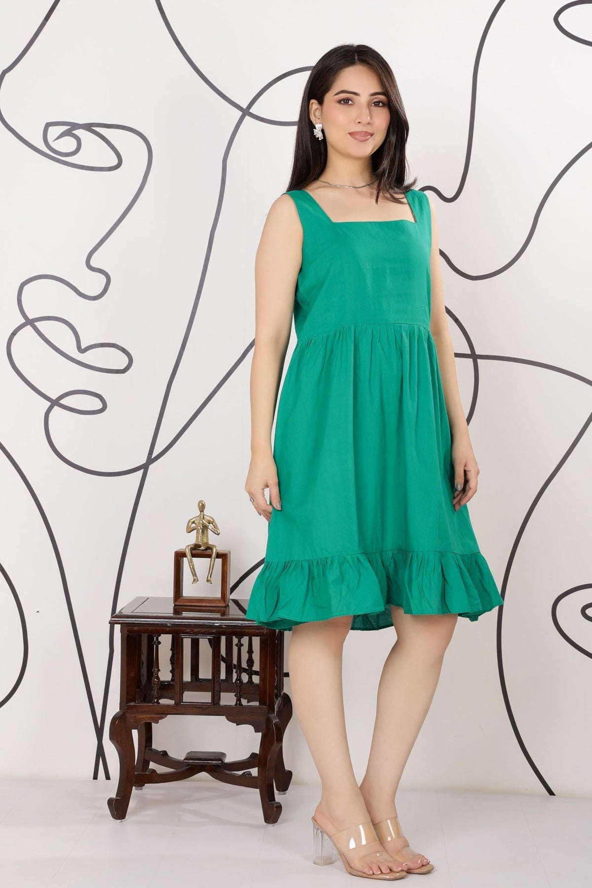 Seagreen square neck strap dress [100% pure cotton] -Cotton midi dress