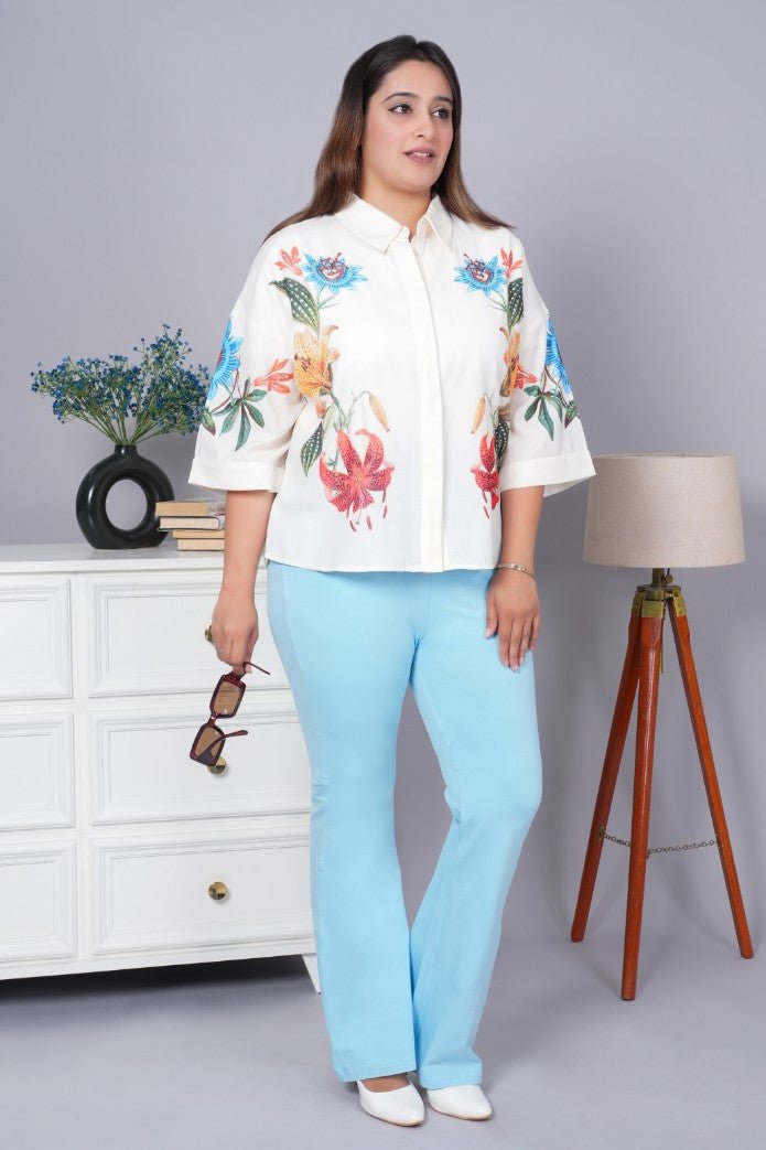 Sky blue stretchable biowash cotton flare pants with superior elastic belt. - Cotton flare
