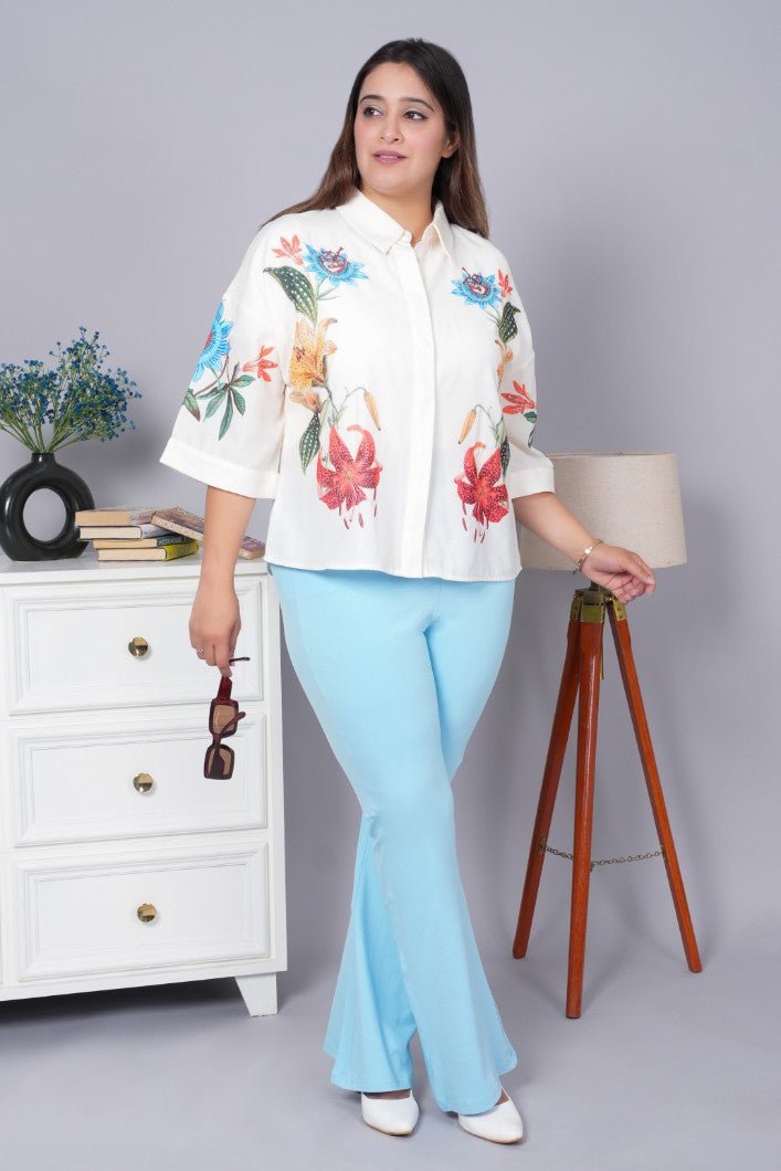 Sky blue stretchable biowash cotton flare pants with superior elastic belt. - Cotton flare