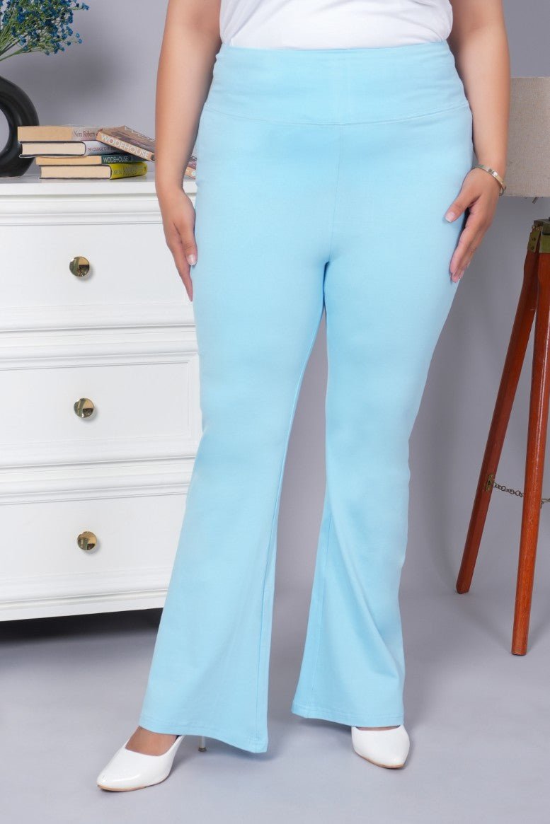 Sky blue stretchable biowash cotton flare pants with superior elastic belt. - Cotton flare
