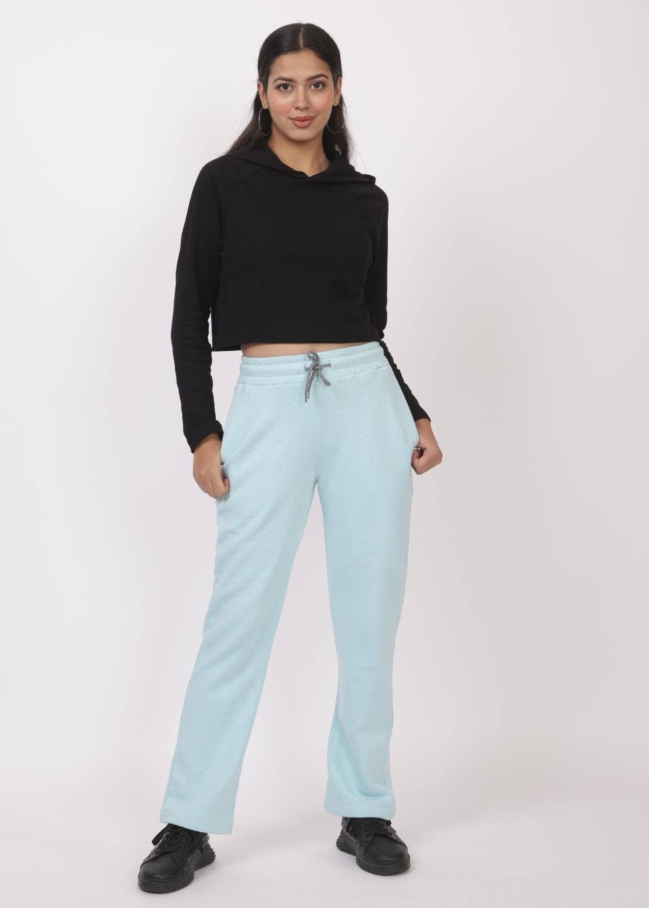 Sky blue stretchable biowash USA HQ winter fleece cotton cigarette pencil pants with superior elastic belt. [Straight fit] - Winter straight pant