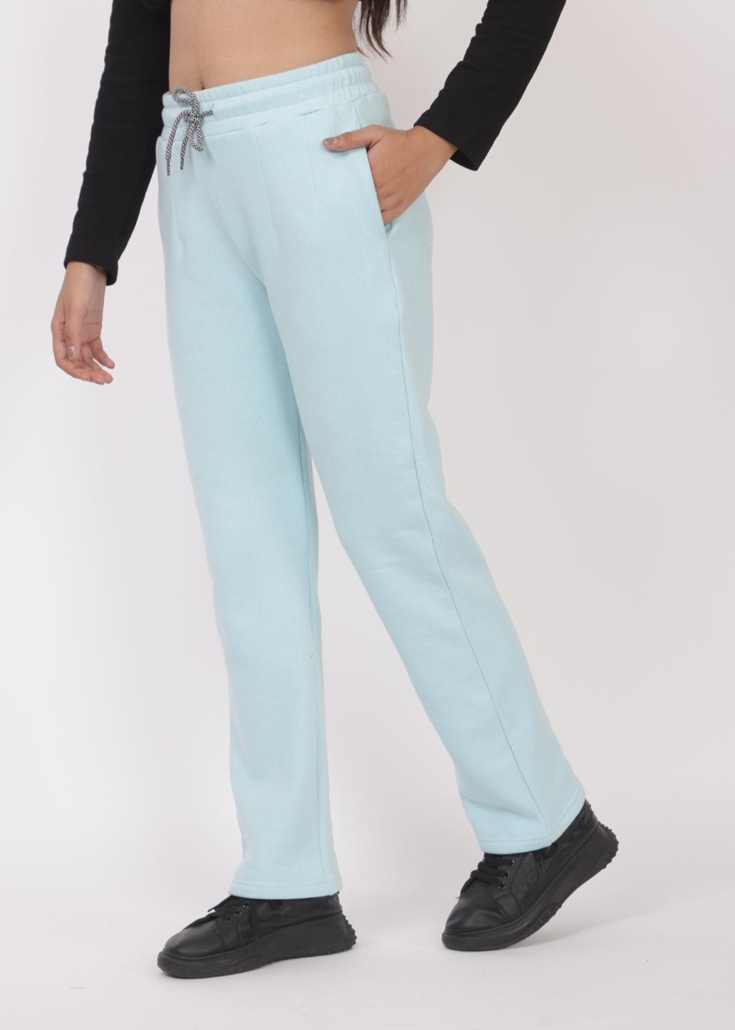 Sky blue stretchable biowash USA HQ winter fleece cotton cigarette pencil pants with superior elastic belt. [Straight fit] - Winter straight pant