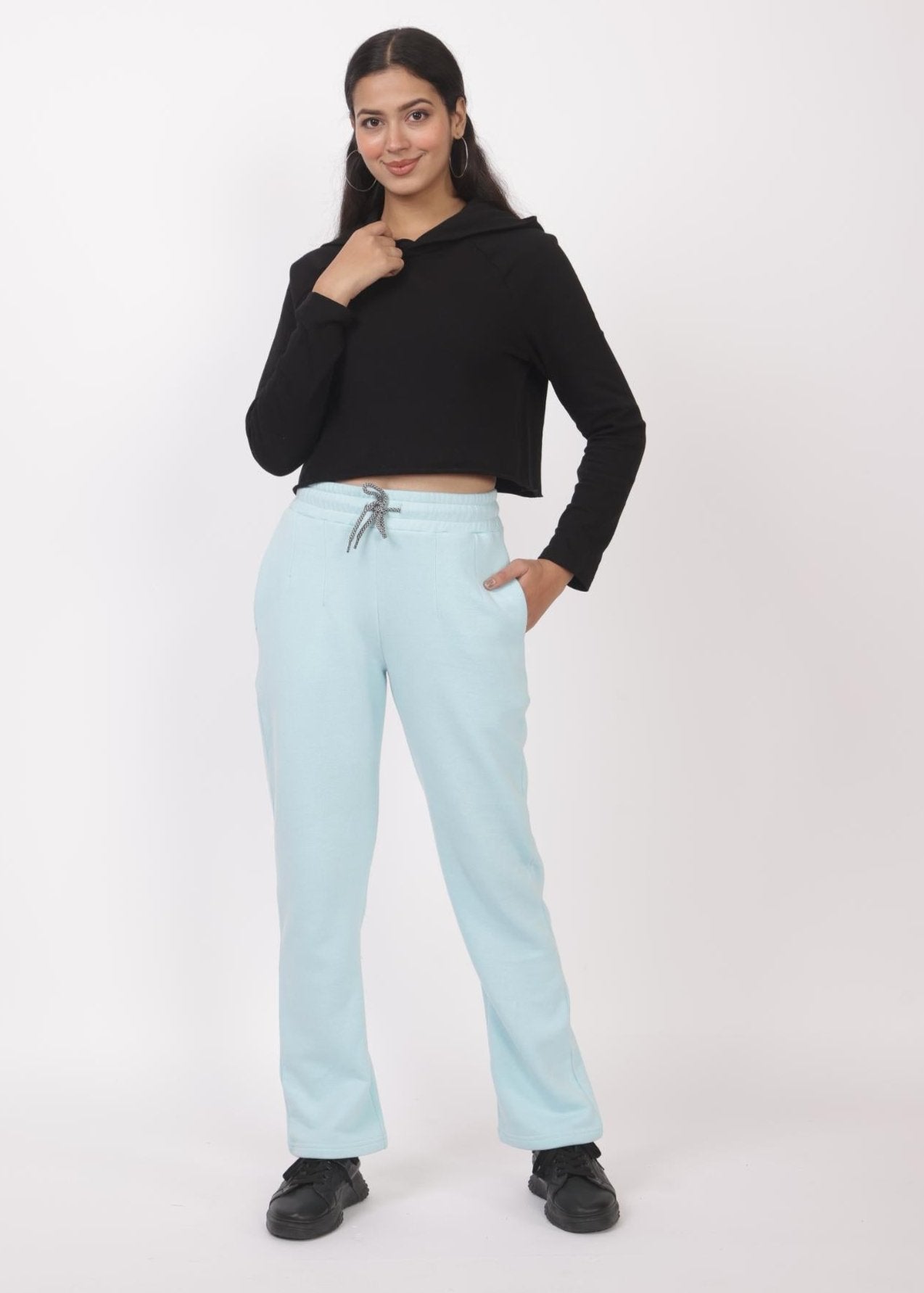 Sky blue stretchable biowash USA HQ winter fleece cotton cigarette pencil pants with superior elastic belt. [Straight fit] - Winter straight pant