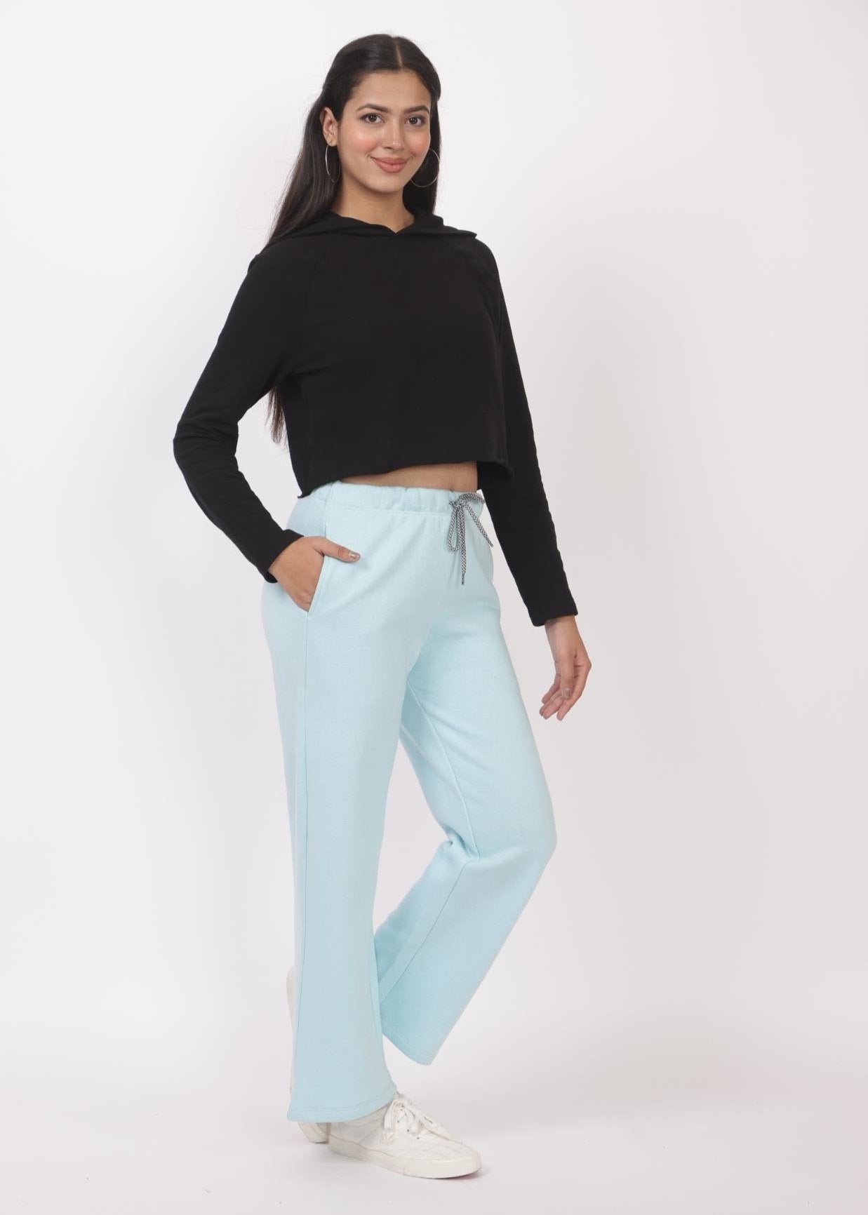 Sky blue stretchable biowash USA HQ winter fleece cotton flare pants with superior elastic belt. - Winter flare pant