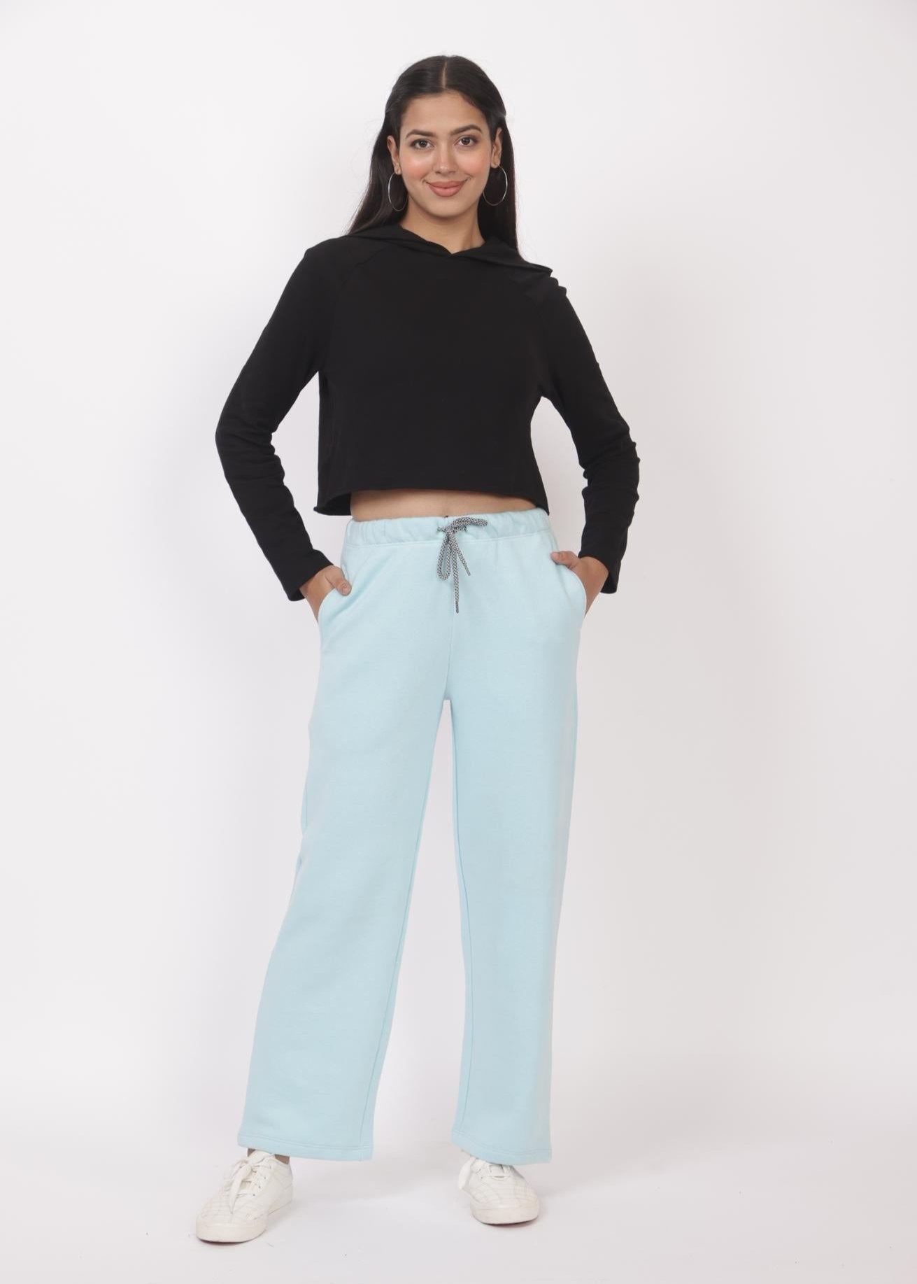 Sky blue stretchable biowash USA HQ winter fleece cotton flare pants with superior elastic belt. - Winter flare pant