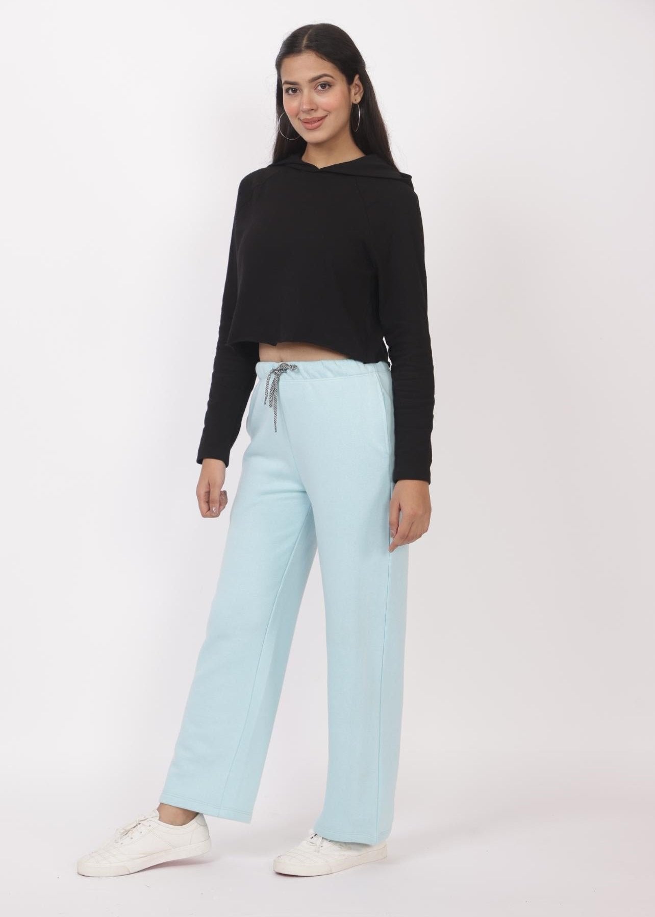 Sky blue stretchable biowash USA HQ winter fleece cotton flare pants with superior elastic belt. - Winter flare pant