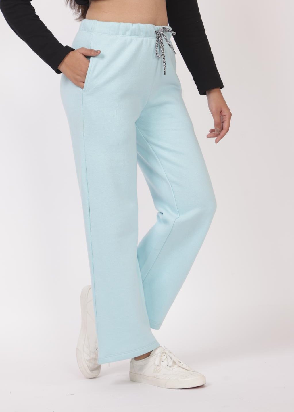 Sky blue stretchable biowash USA HQ winter fleece cotton flare pants with superior elastic belt. - Winter flare pant