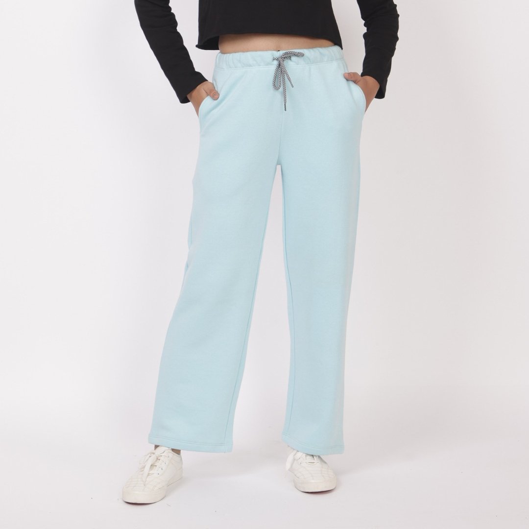 Sky blue stretchable biowash USA HQ winter fleece cotton flare pants with superior elastic belt. - Winter flare pant