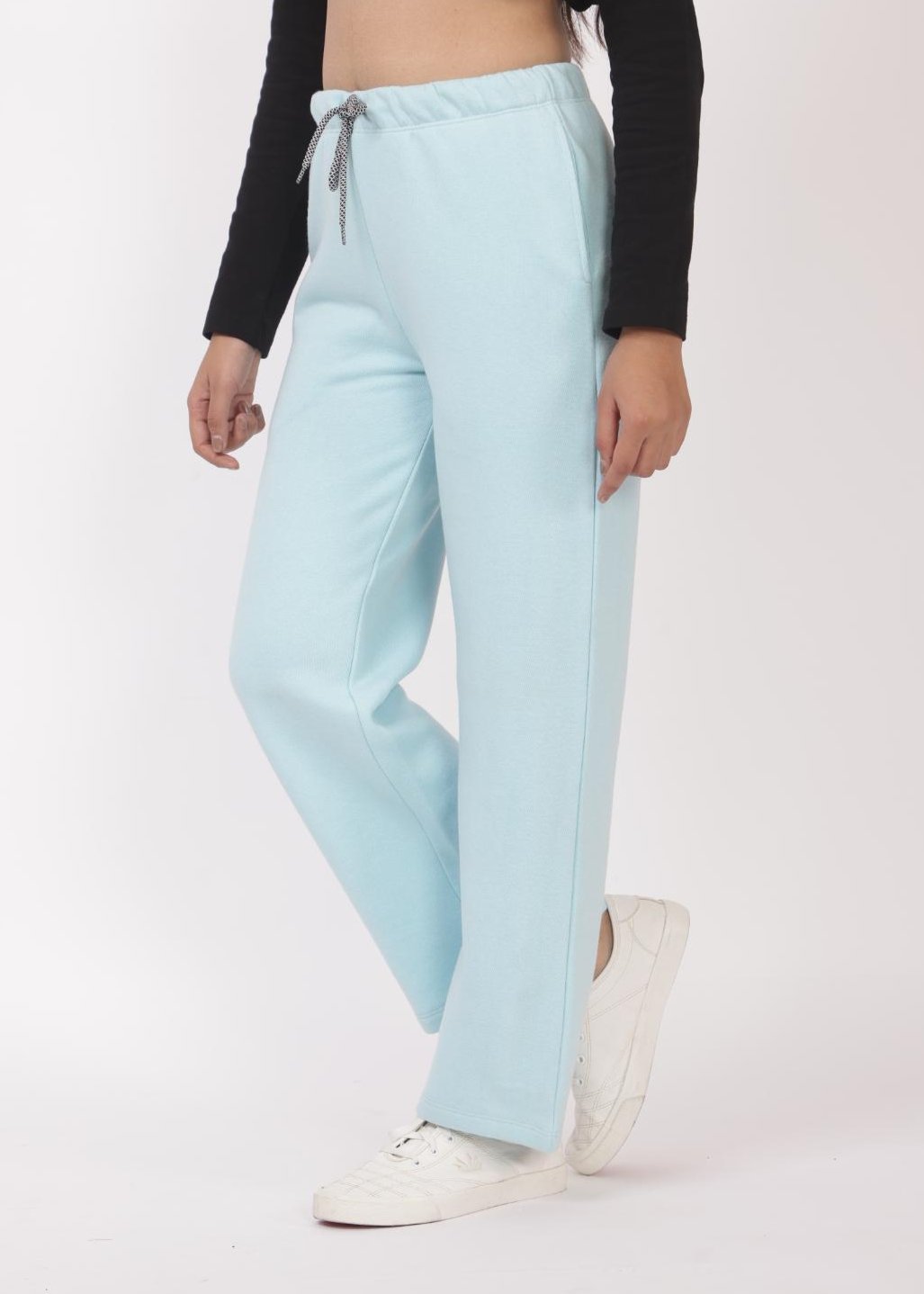 Sky blue stretchable biowash USA HQ winter fleece cotton flare pants with superior elastic belt. - Winter flare pant