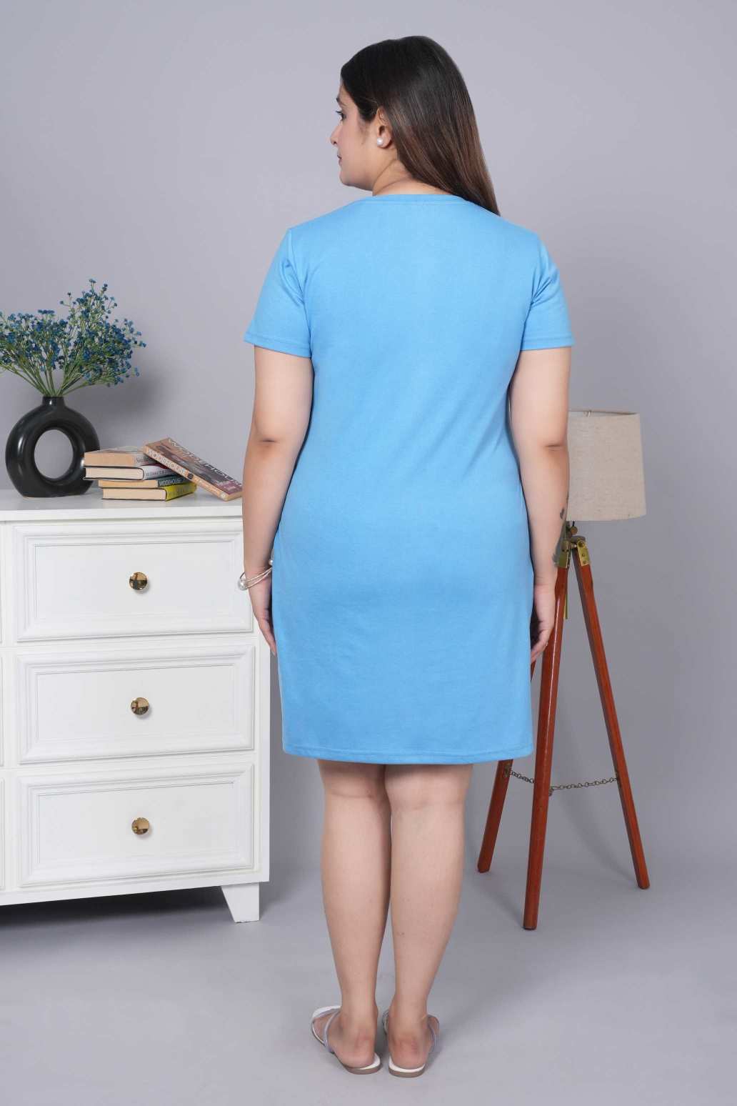 Sky cotton round neck dress with flap pocket - Flap pocket dress